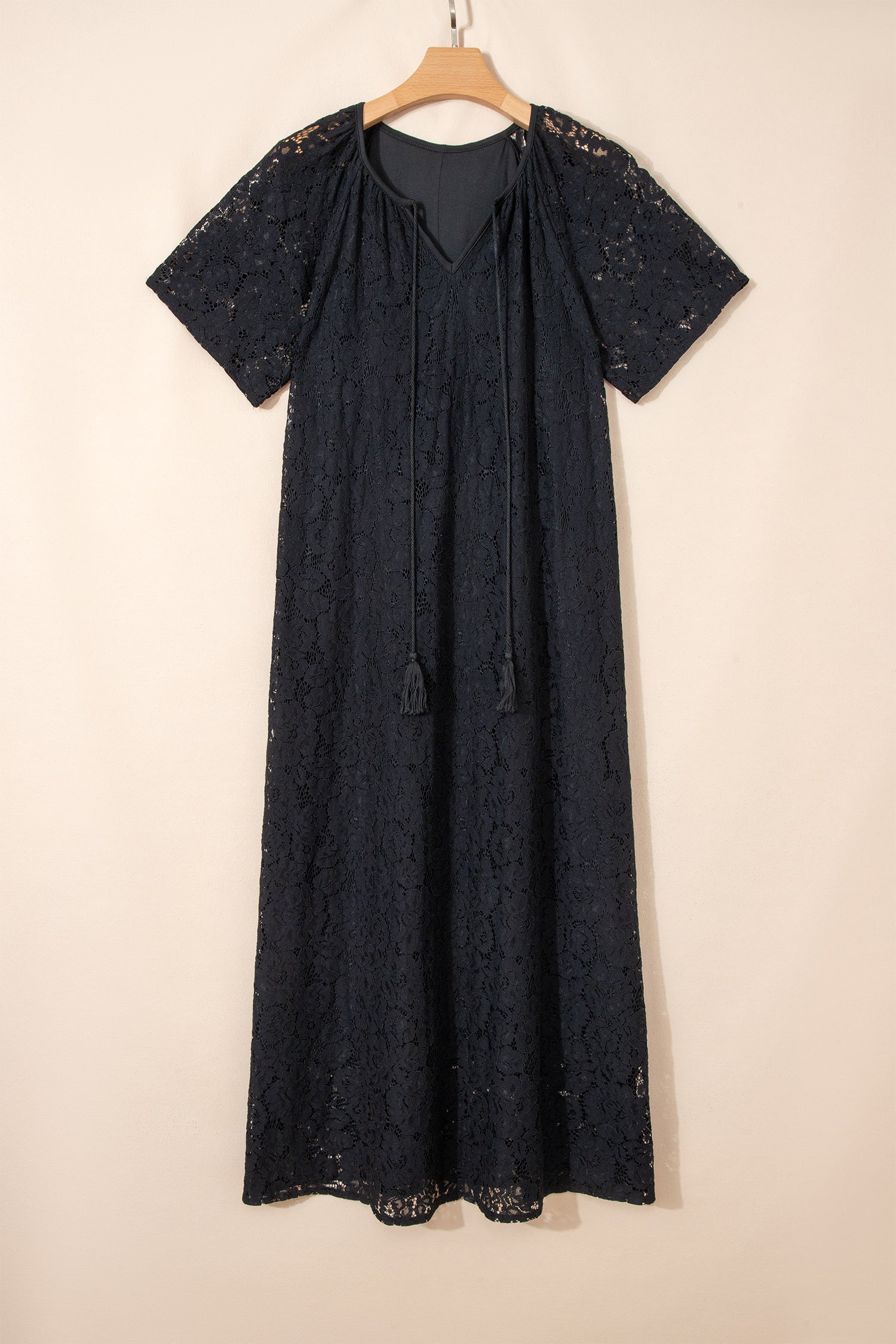 Black Floral Lace Overlay Tassel Tie Beach Vacation Maxi Dress S-XL
