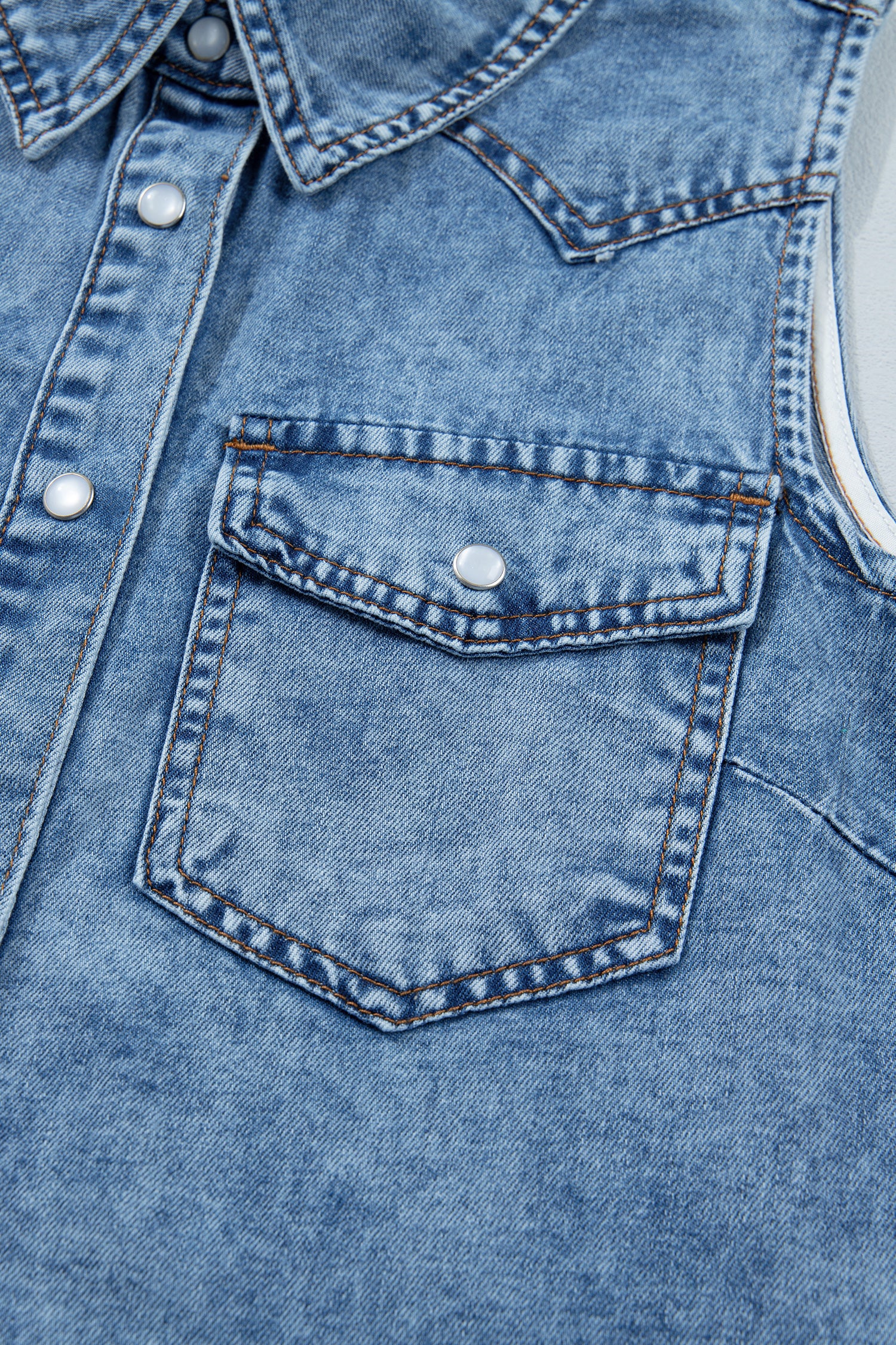 Shop Dusk Blue Buttoned Front Collared Sleeveless Denim Vest at LivelyLooks