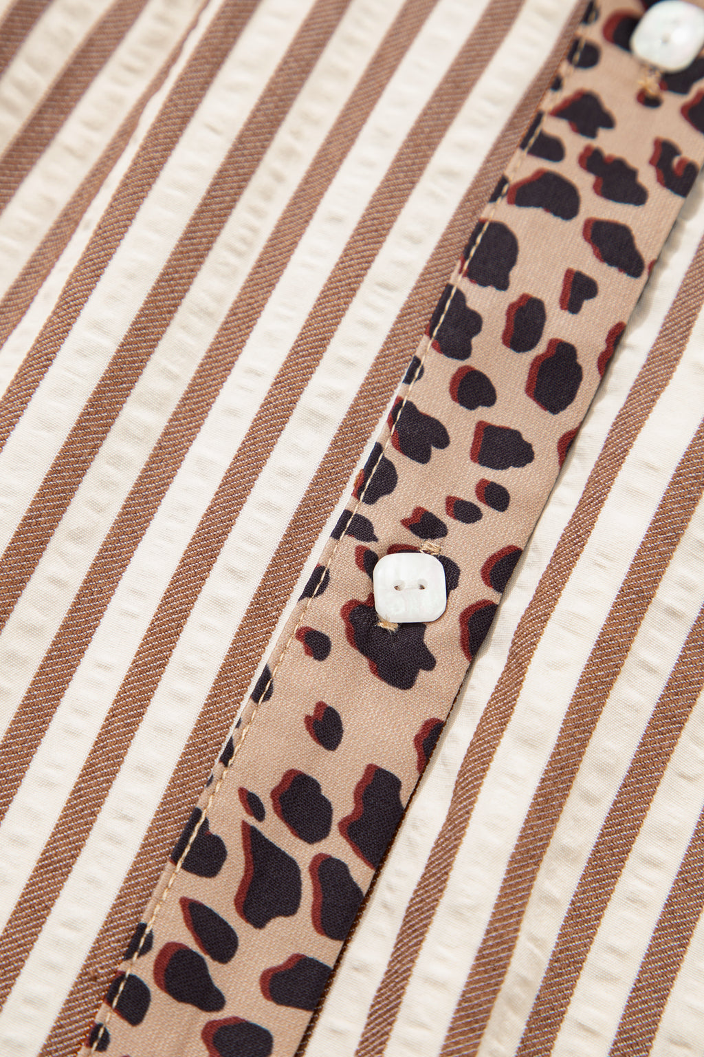 Women's Khaki Stripe Leopard Trim Button-Down Bracelet Sleeve Shirt Dress at LivelyLooks