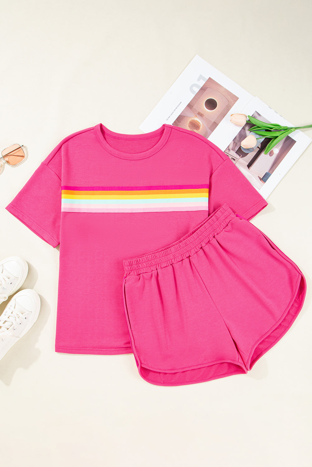 Vibrant Striped Athleisure Short Set | Rose Red & Beige