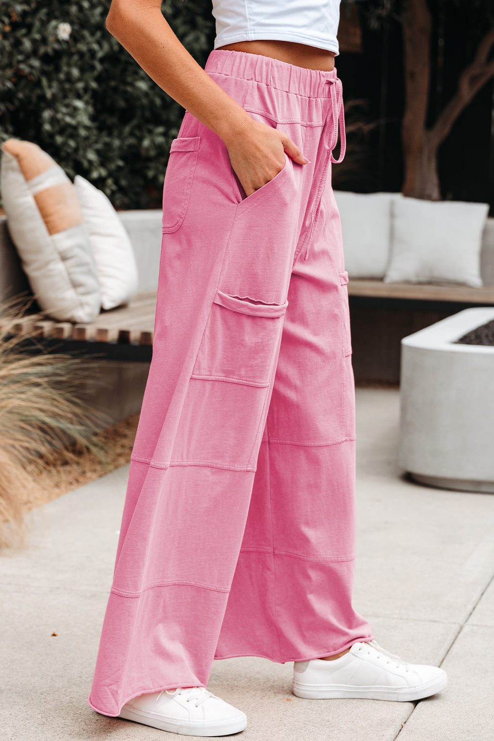 Women's Pink Mineral Wash Exposed Seam Drawstring Elastic Waistband Wide Leg Cargo Trousers at LivelyLooks