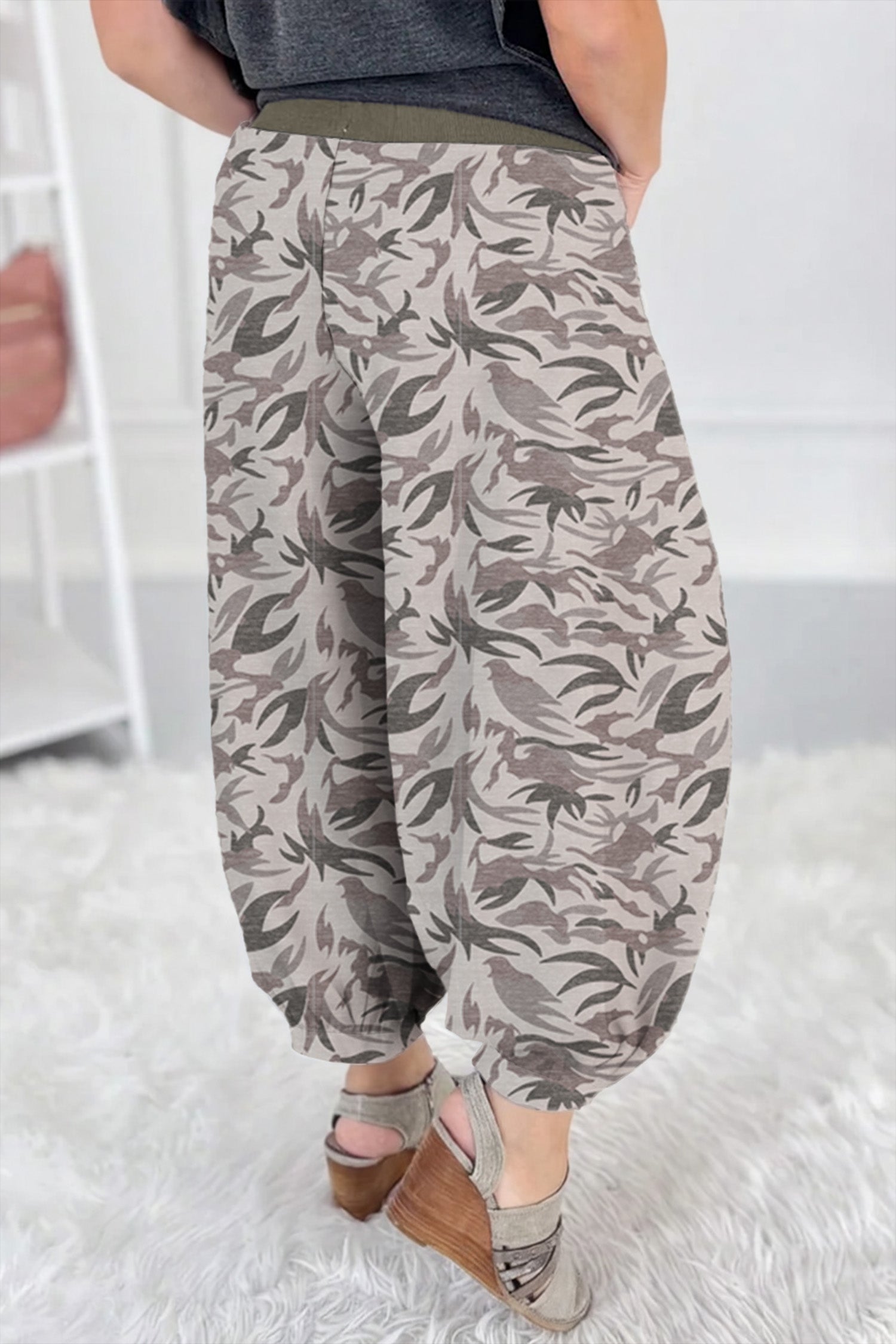 Camo Print Drawstring Cargo Barrel Pants | Khaki & Multicolour