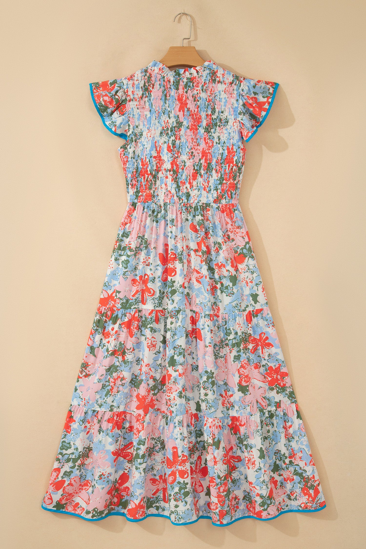 Apricot Floral Print Maxi Dress V Neck Flutter Sleeve Tiered Women S-XL