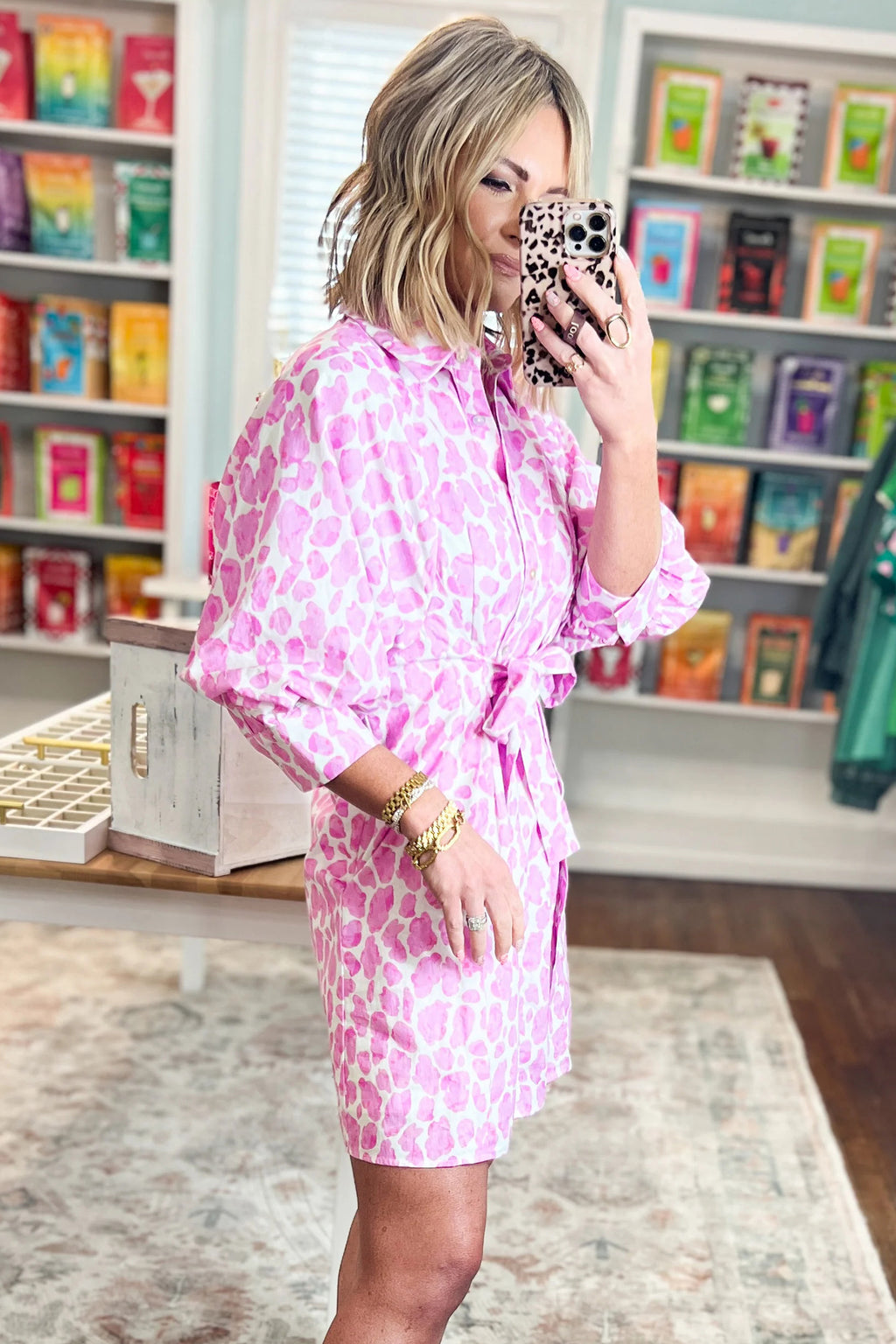 Pink Abstract Leopard Print Tie Waist Puff Sleeve Mini Shirt Dress | UK 8–22