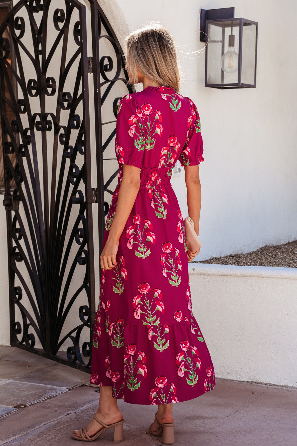 Women's Red Floral Ruffle V-Neck Short Sleeve Maxi Dress Vacation S-XL at LivelyLooks