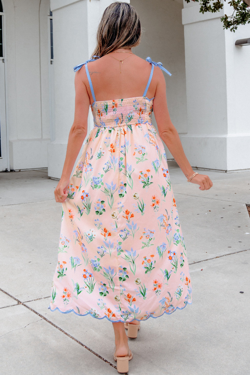 Floral Midi Dress Contrast Trim Self-Tie Straps High Waist Beige Pink Yellow