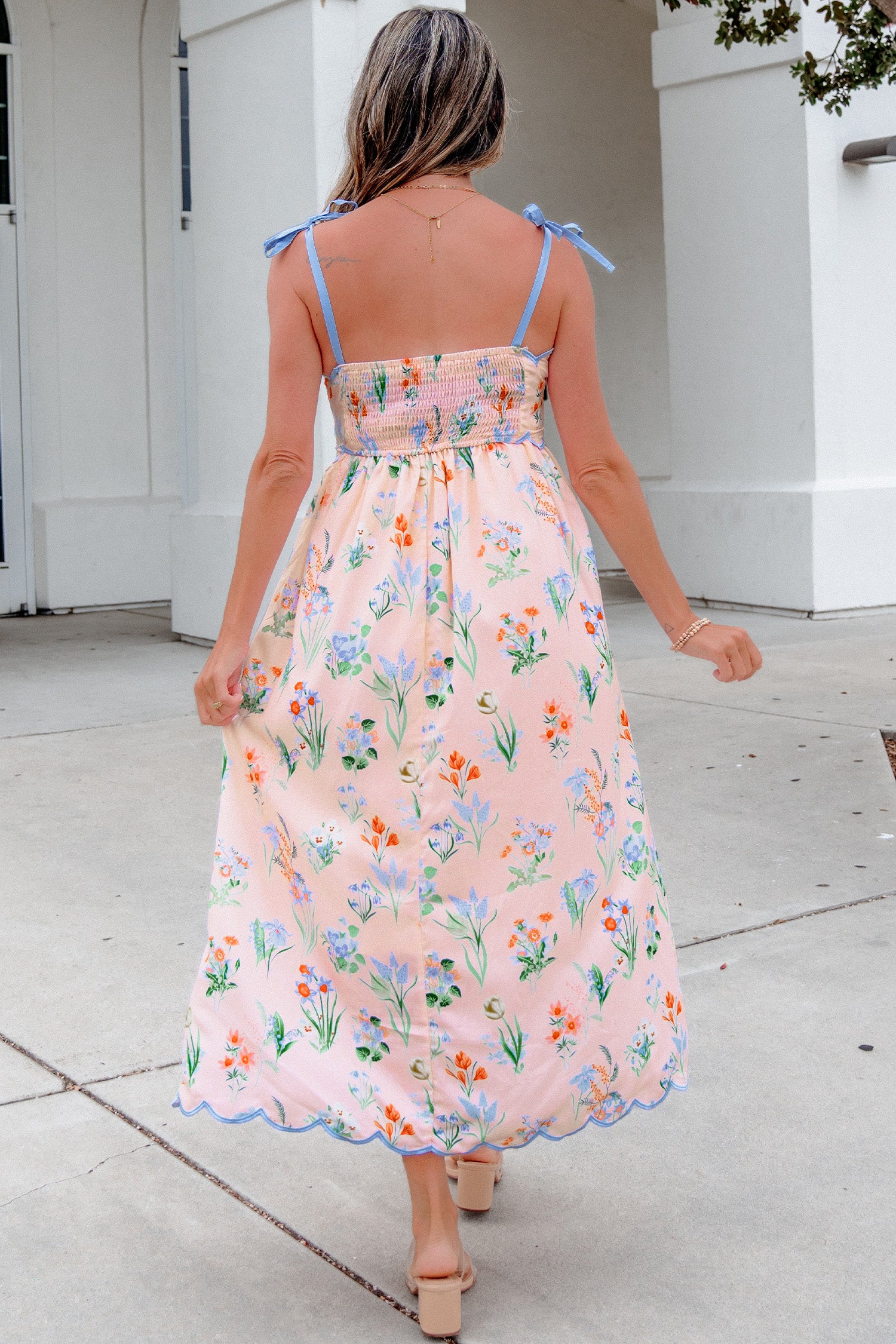Floral Midi Dress Contrast Trim Self-Tie Straps High Waist Beige Pink Yellow