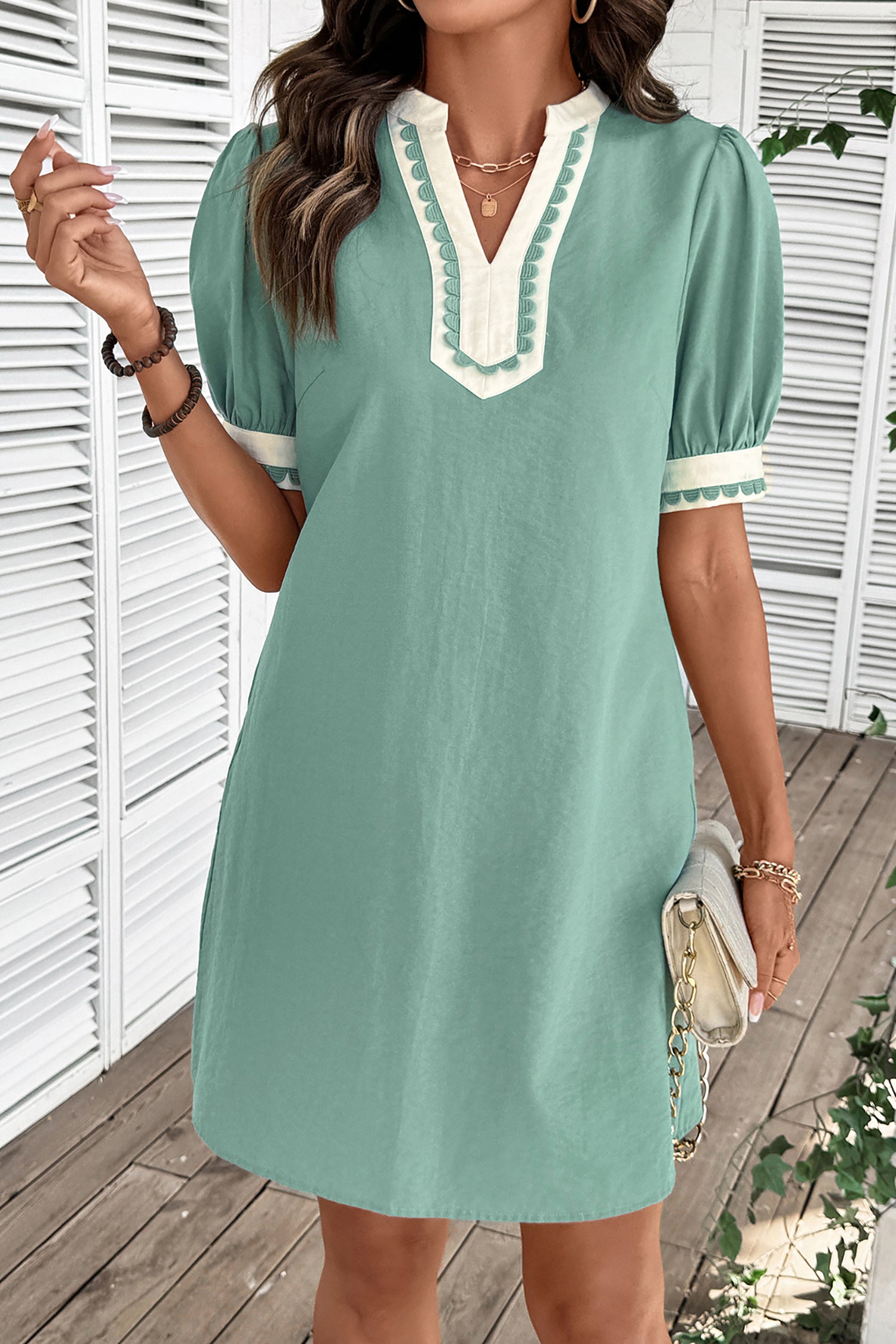 LivelyLooks Scallop Colour Block Trim Puff Sleeve Mini Dress Pink & Green women's fashion