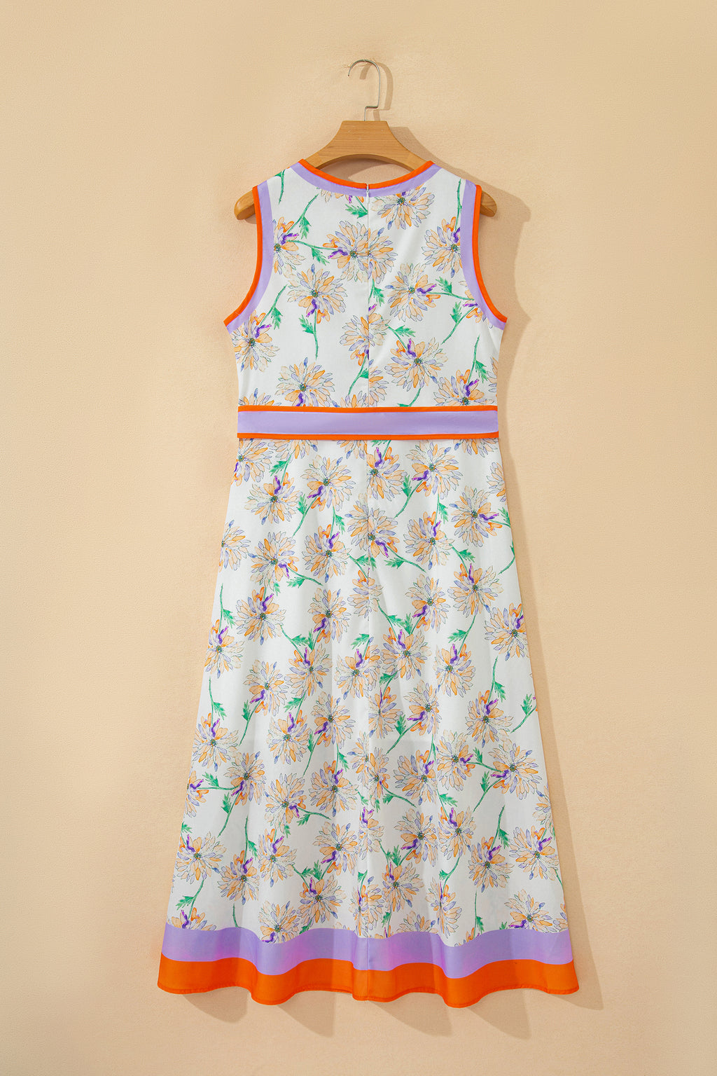 Women's White Floral Print Colour Block Trim Belted Sleeveless Maxi Dress at LivelyLooks