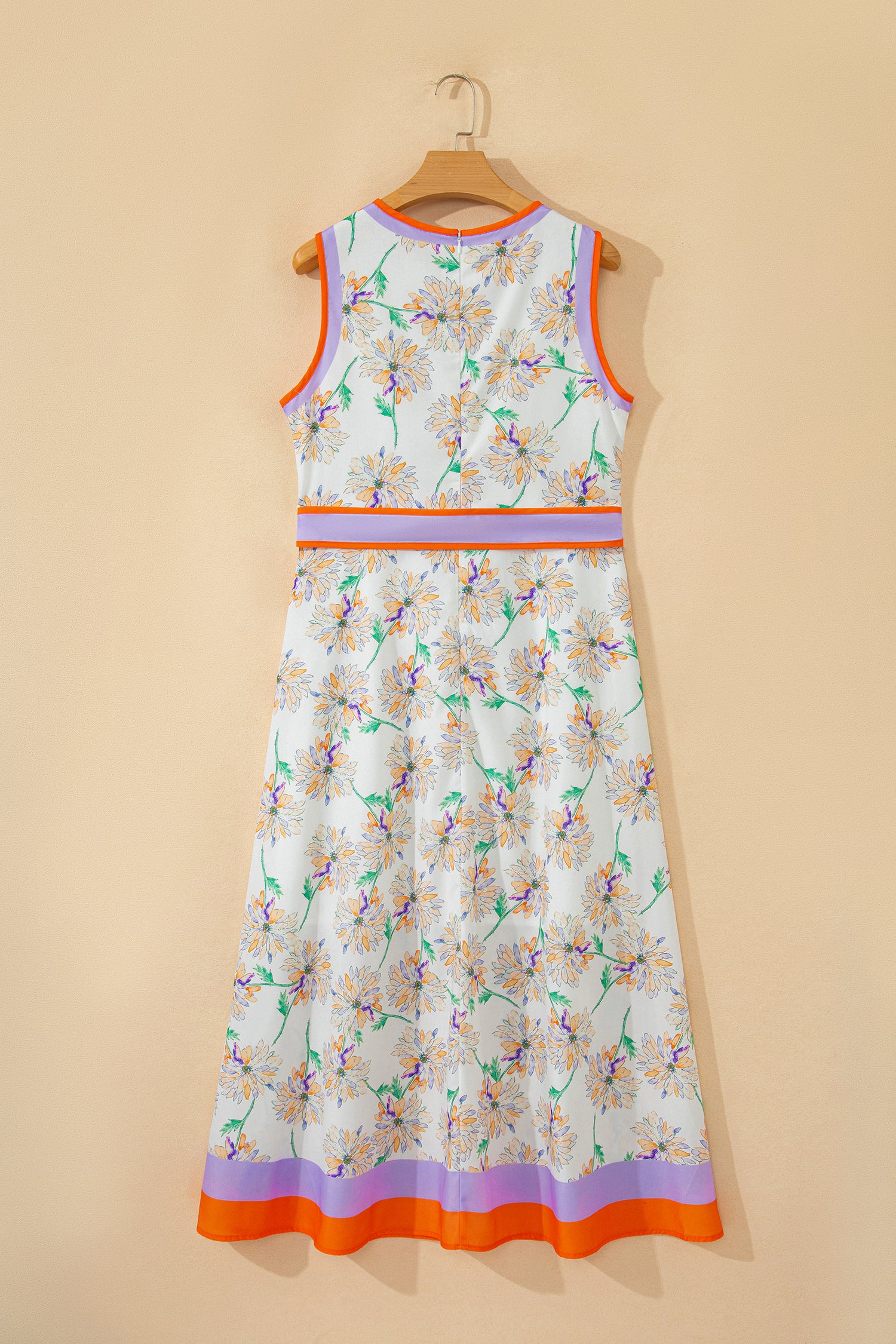 Women's White Floral Print Colour Block Trim Belted Sleeveless Maxi Dress at LivelyLooks