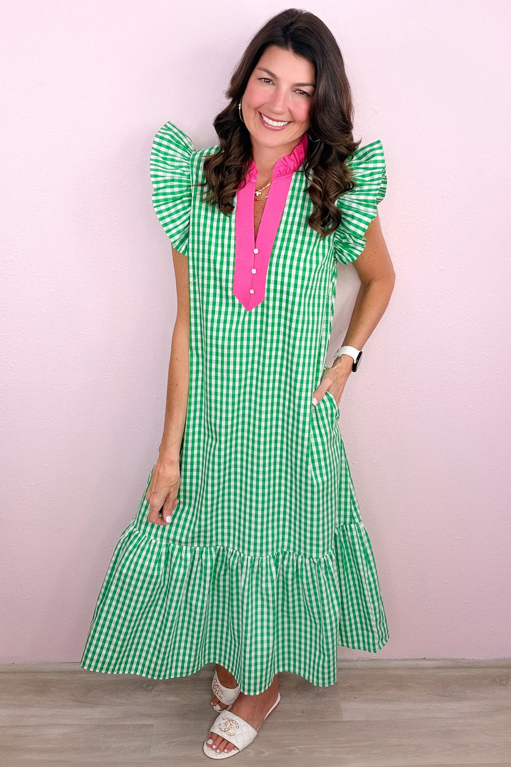 Bright Green Colour Block Plaid Summer Midi Dress S-XL