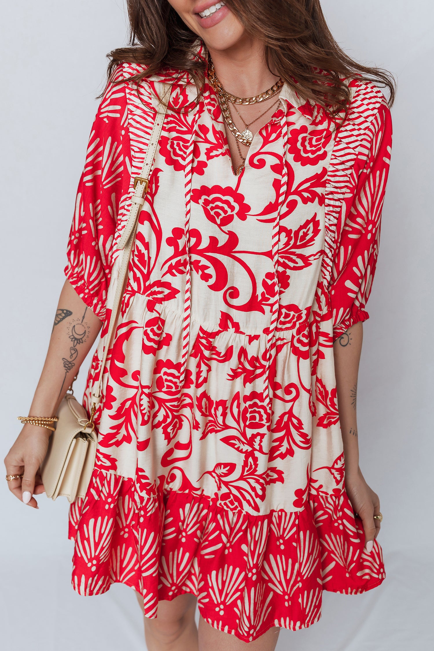 Women's Red Floral Collared V-Neck Half Sleeve Loose Mini Dress at LivelyLooks