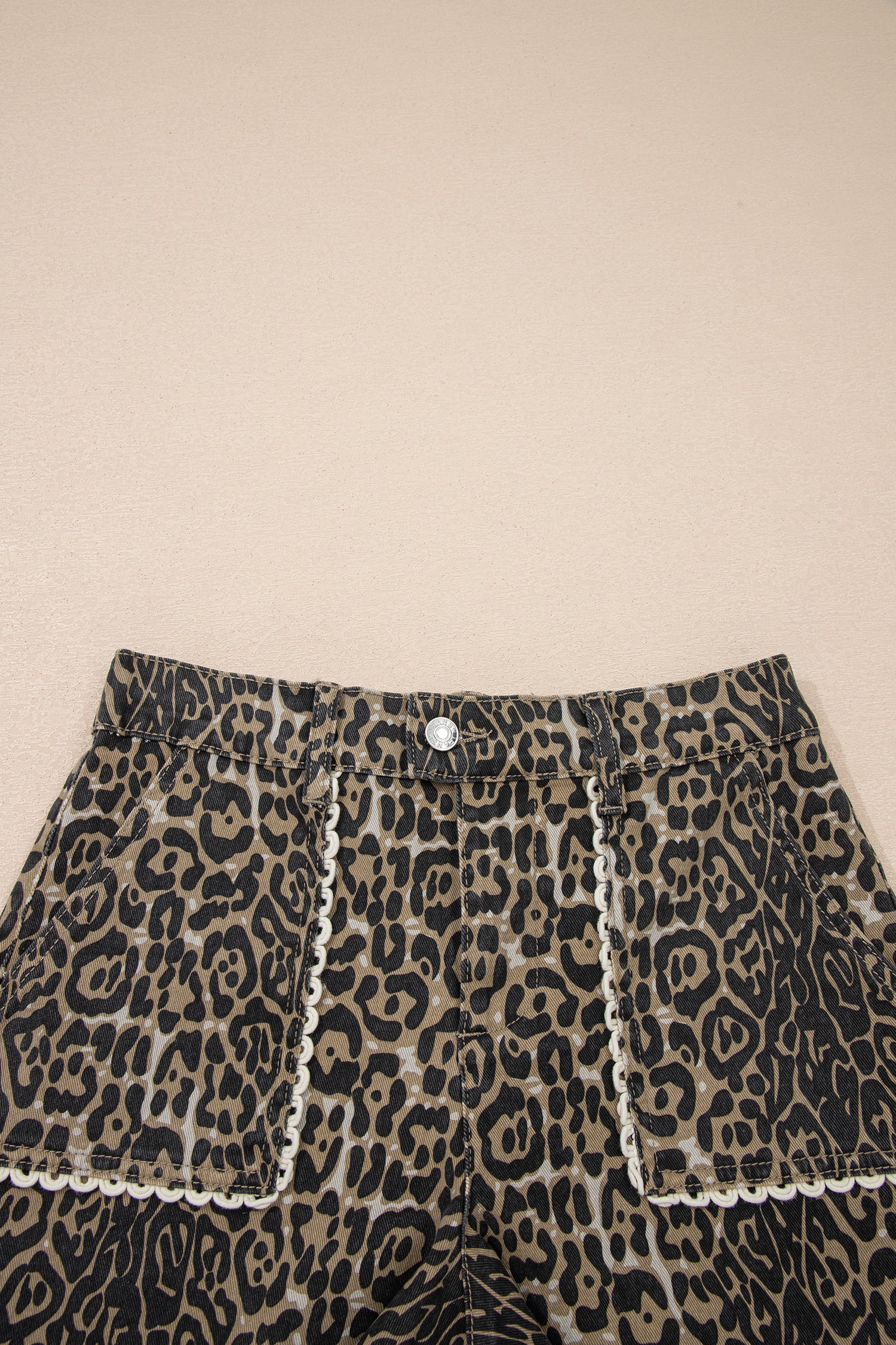 Shop Khaki Leopard Denim Shorts Scalloped Lace Trim Women S-XL at LivelyLooks