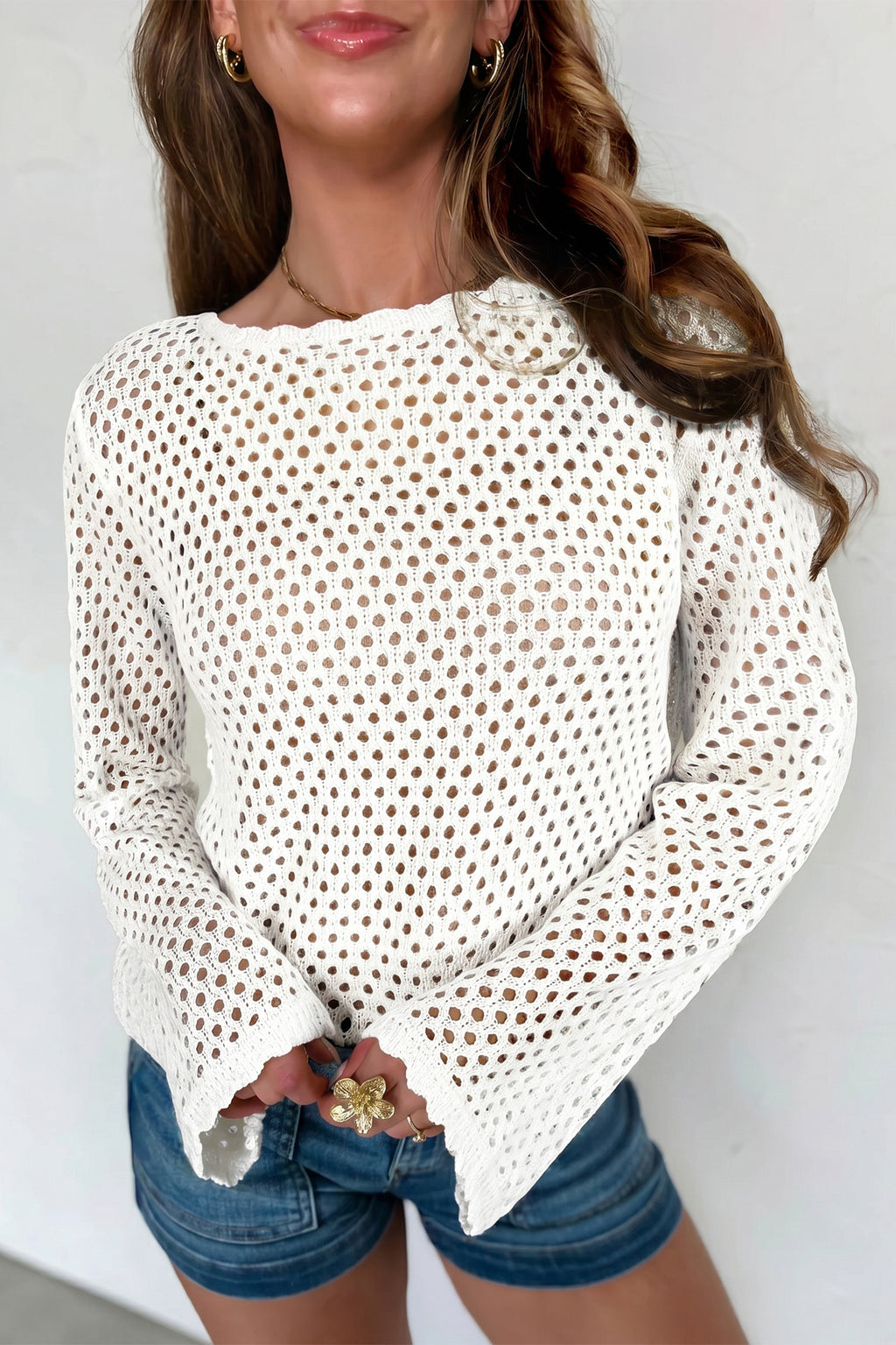 Women's Yellow Cream Scalloped Trim Hollow Out Knit Long Sleeve Top at LivelyLooks