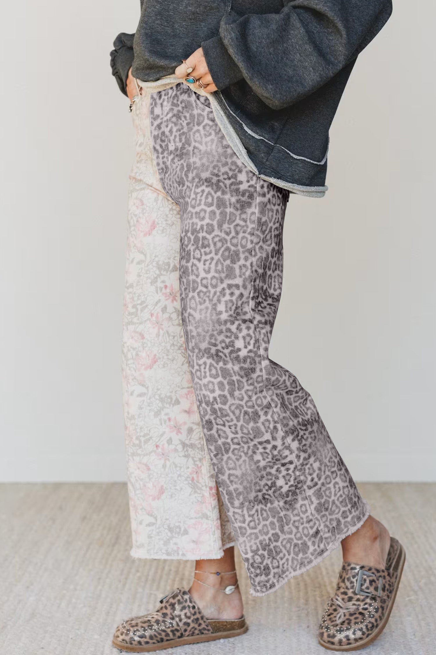 Women's Multicolour Retro Floral Leopard Contrast Patchwork Raw Hem Jeans at LivelyLooks