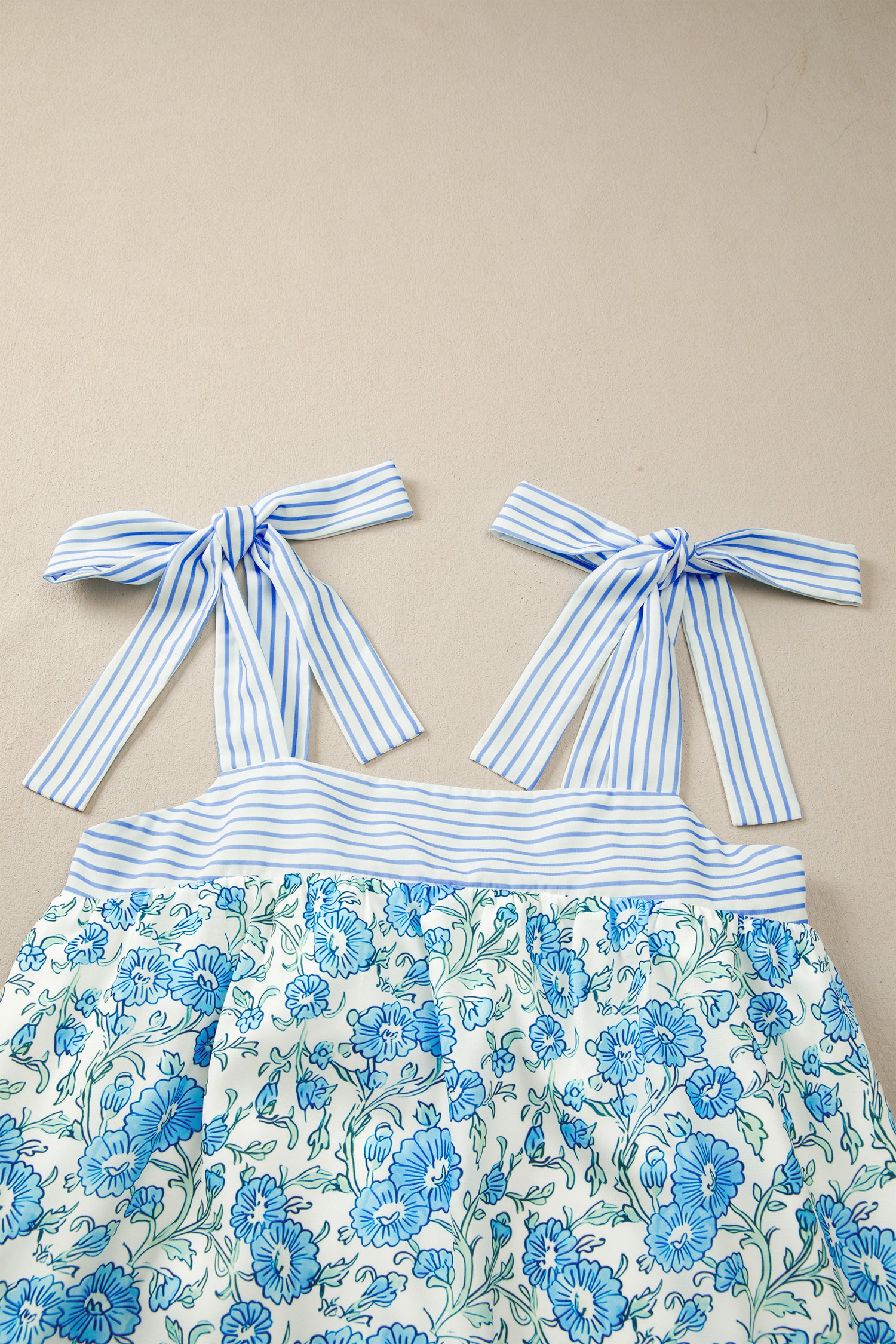 Sky Blue & Pink Floral Striped Bow Knot Strap Mini Dress