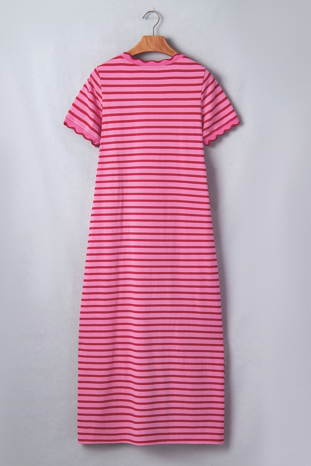 Rose Stripe Scalloped Trim Side Slit Short Sleeve T-Shirt Dress S-XL