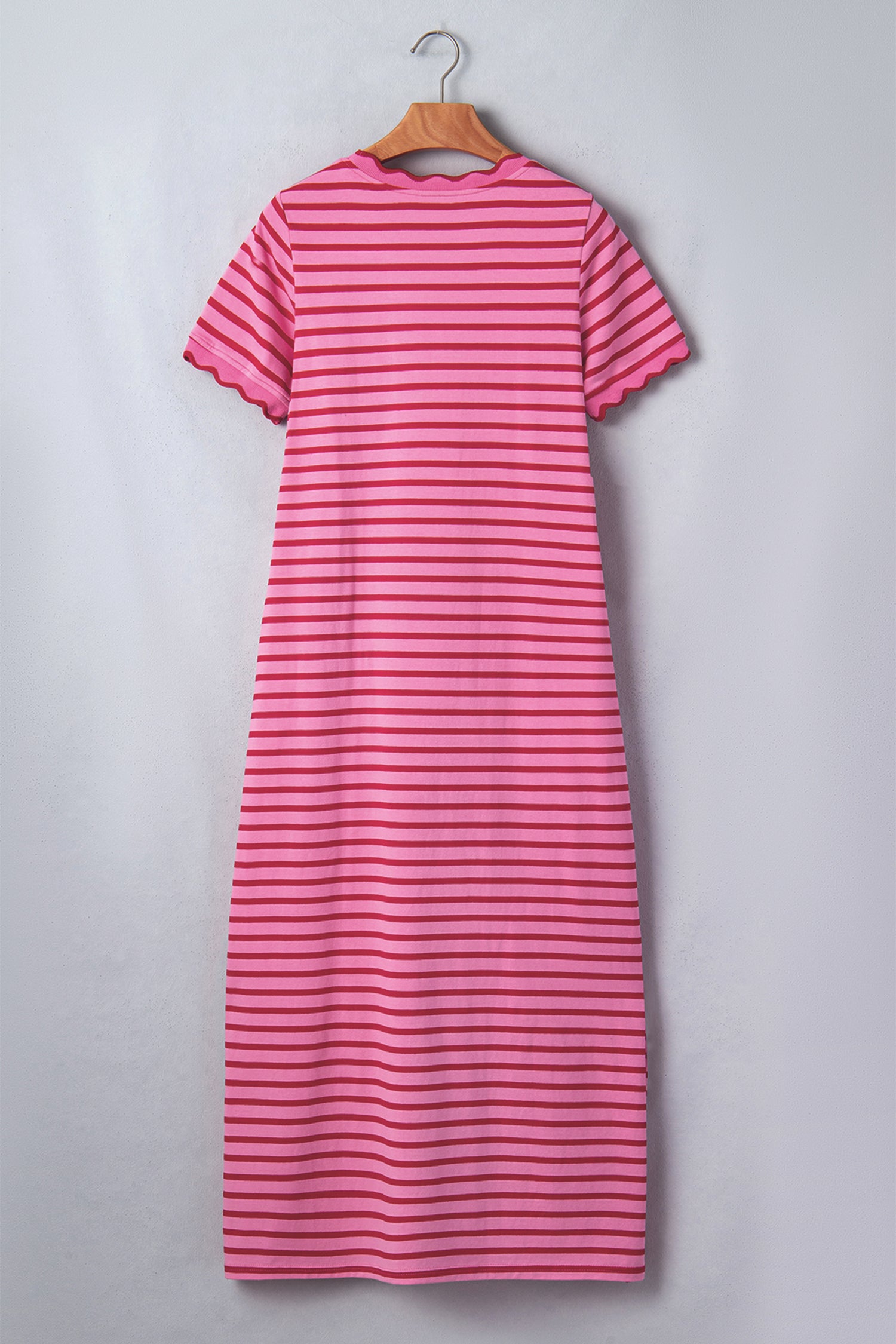 Rose Stripe Scalloped Trim Side Slit Short Sleeve T-Shirt Dress S-XL