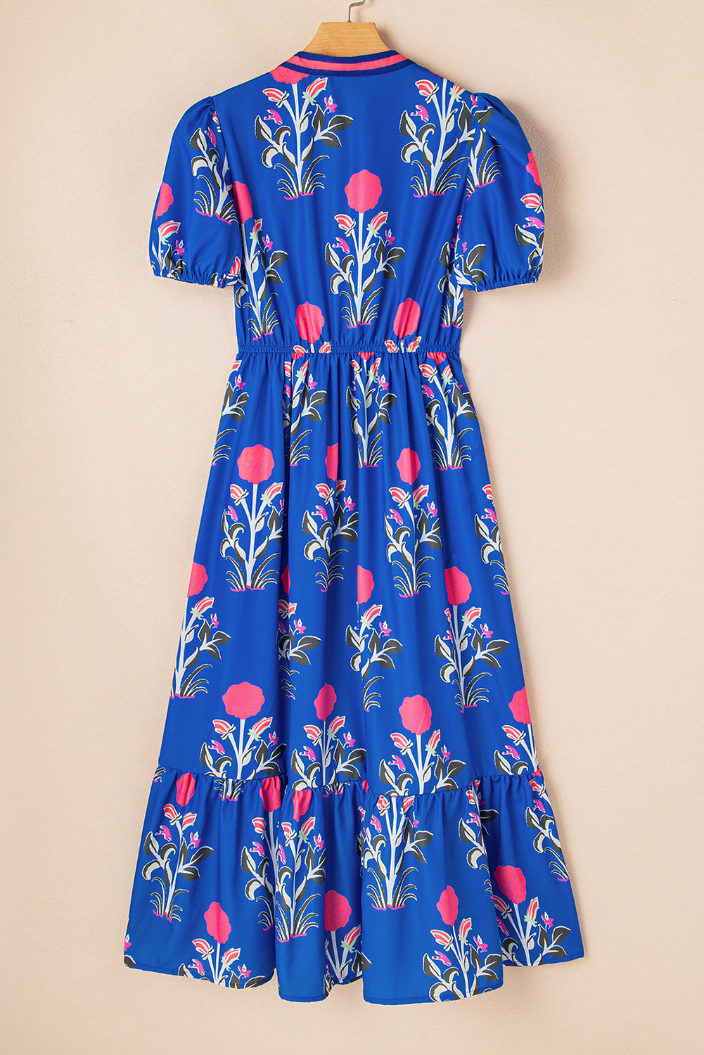 Women's Sky Blue Floral Puff Short Sleeve V Neck High Waist Maxi Dress at LivelyLooks