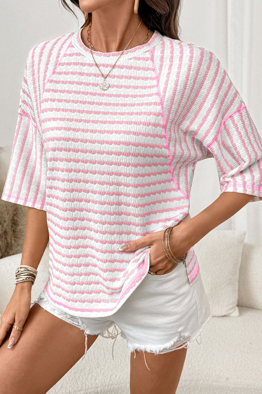 Shop Brown Stripe Textured Knit Split Hem Half Sleeve Loose Top at LivelyLooks