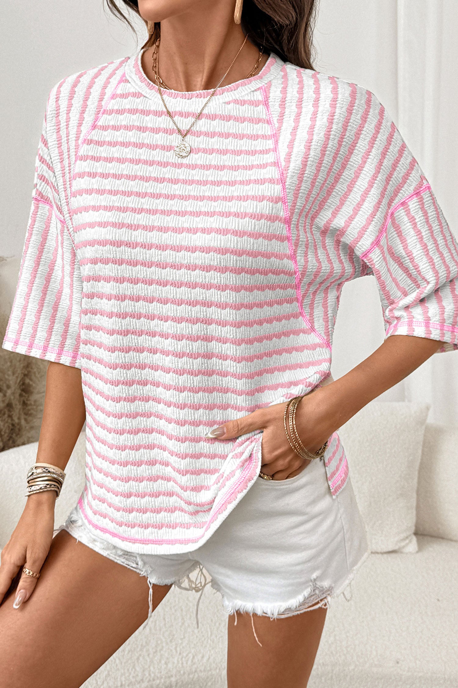 Shop Brown Stripe Textured Knit Split Hem Half Sleeve Loose Top at LivelyLooks