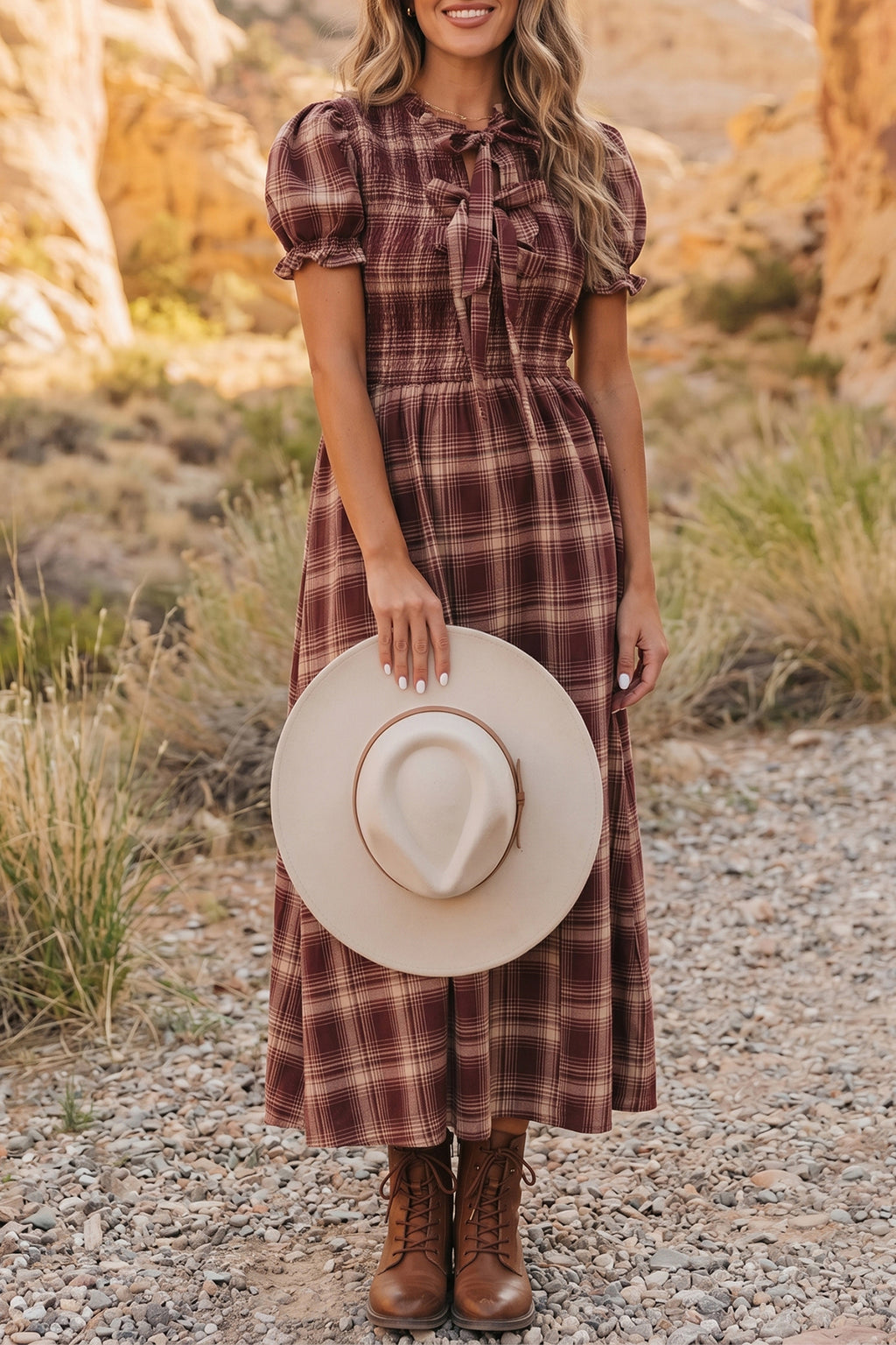 Red Vintage Plaid Knot Front Smocked High Waist Midi Dress S-XL
