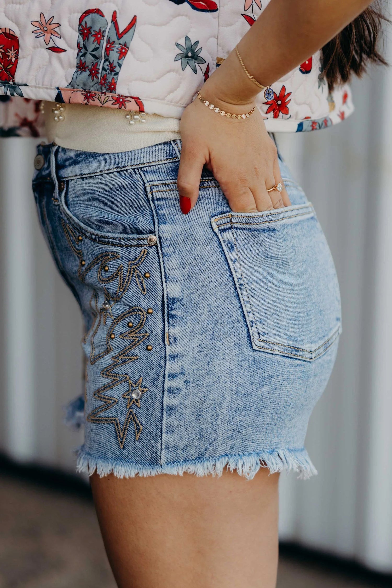 Dusk Blue Western Embroidery Denim Shorts Stud Detail Frayed Hem Women UK 4-16