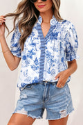 Blue Wild Animal Print Blouse Striped Detail V Neck Short Sleeve Women S-XL