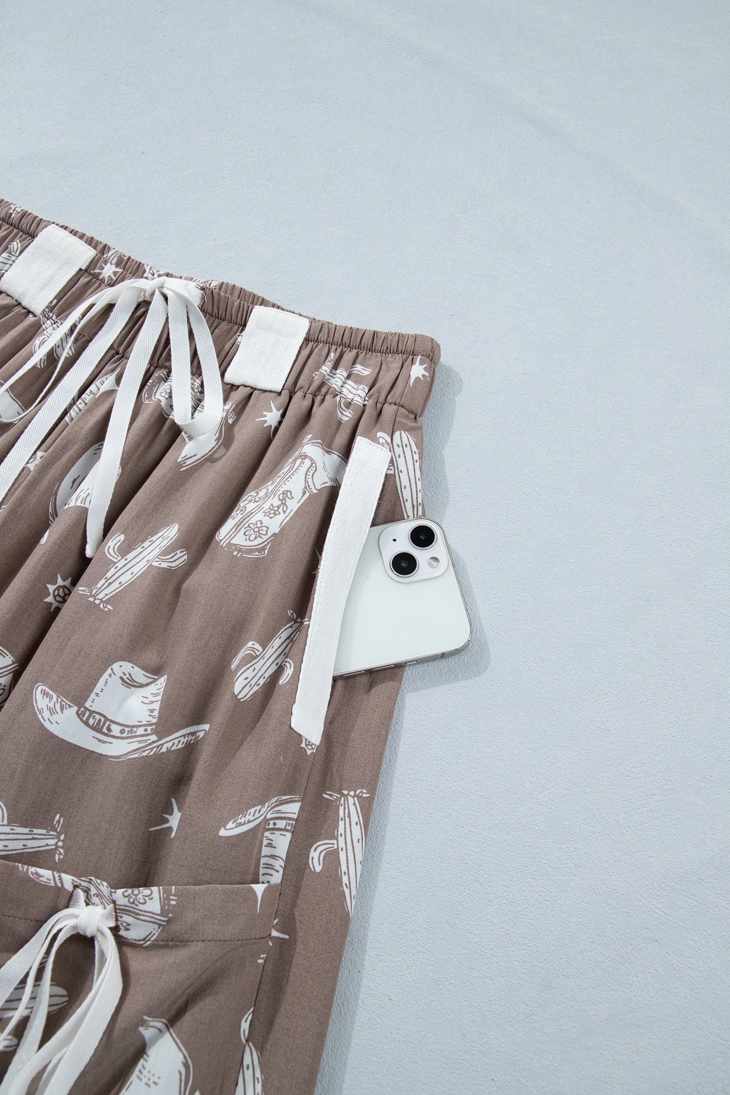 Khaki Western Cactus Cowgirl Print Vintage Drawstring Jogger Pants