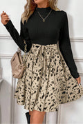 Women's Black Ribbed Knit Patchwork Printed Belted A-line Dress at LivelyLooks