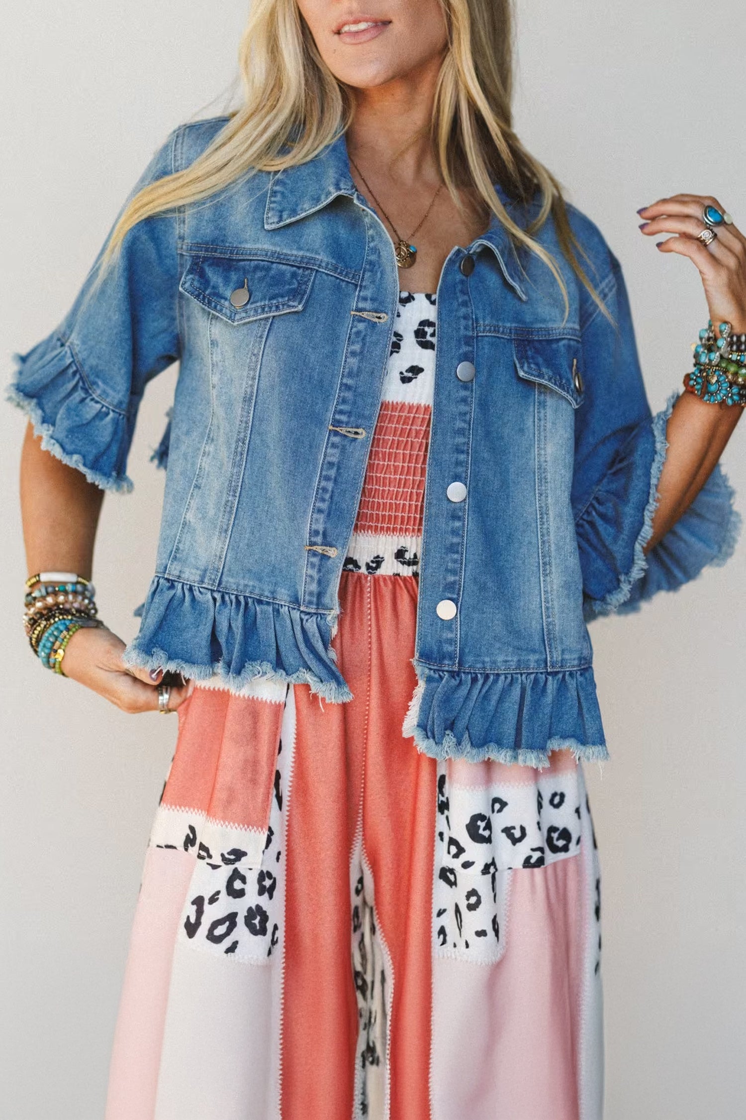 Blue Ruffle Hem Raw Edge Half Sleeve Western Denim Jacket | UK 8–22