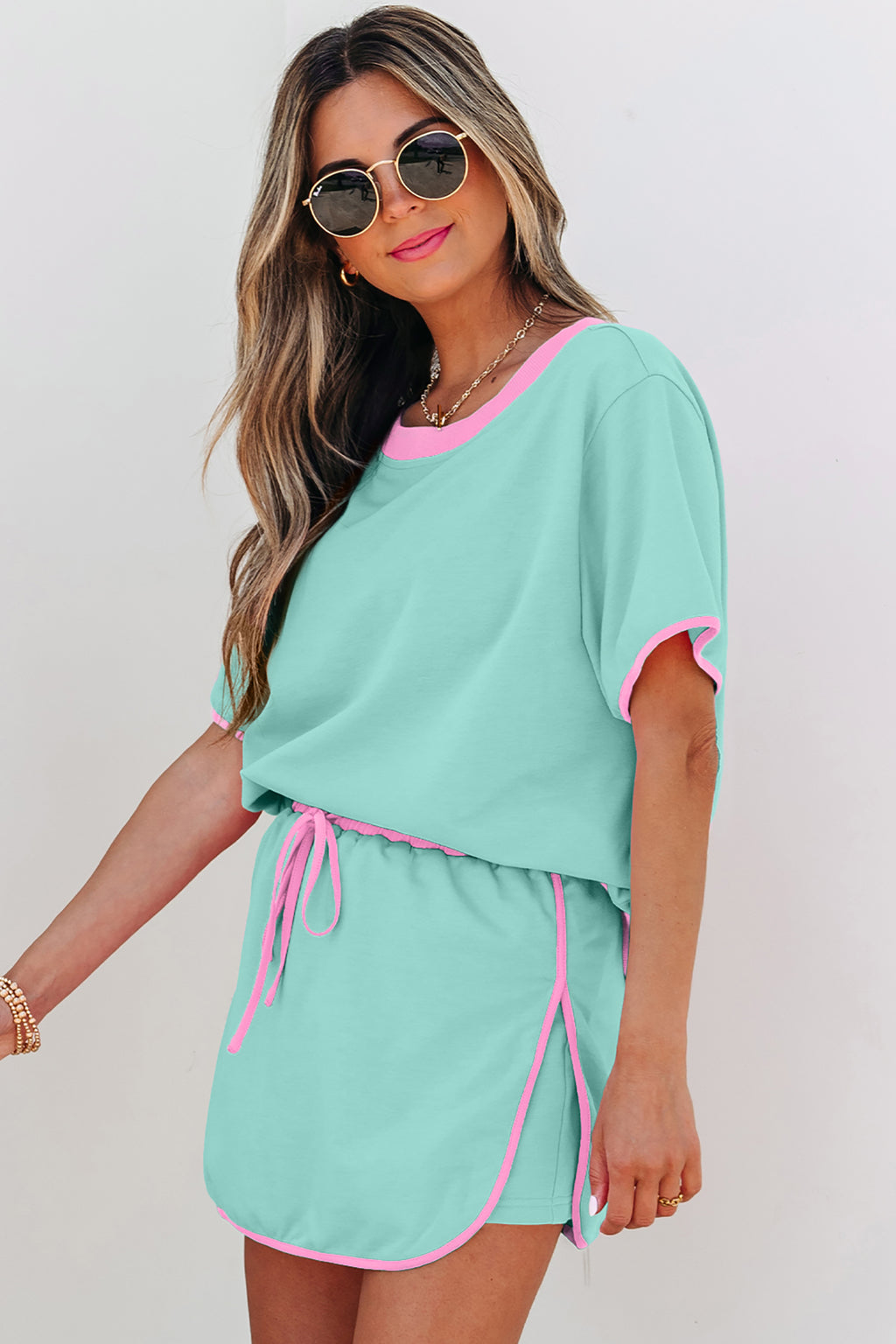 Colourblock Drop Shoulder T-Shirt & Skort 2-Piece Set Beige Black Green