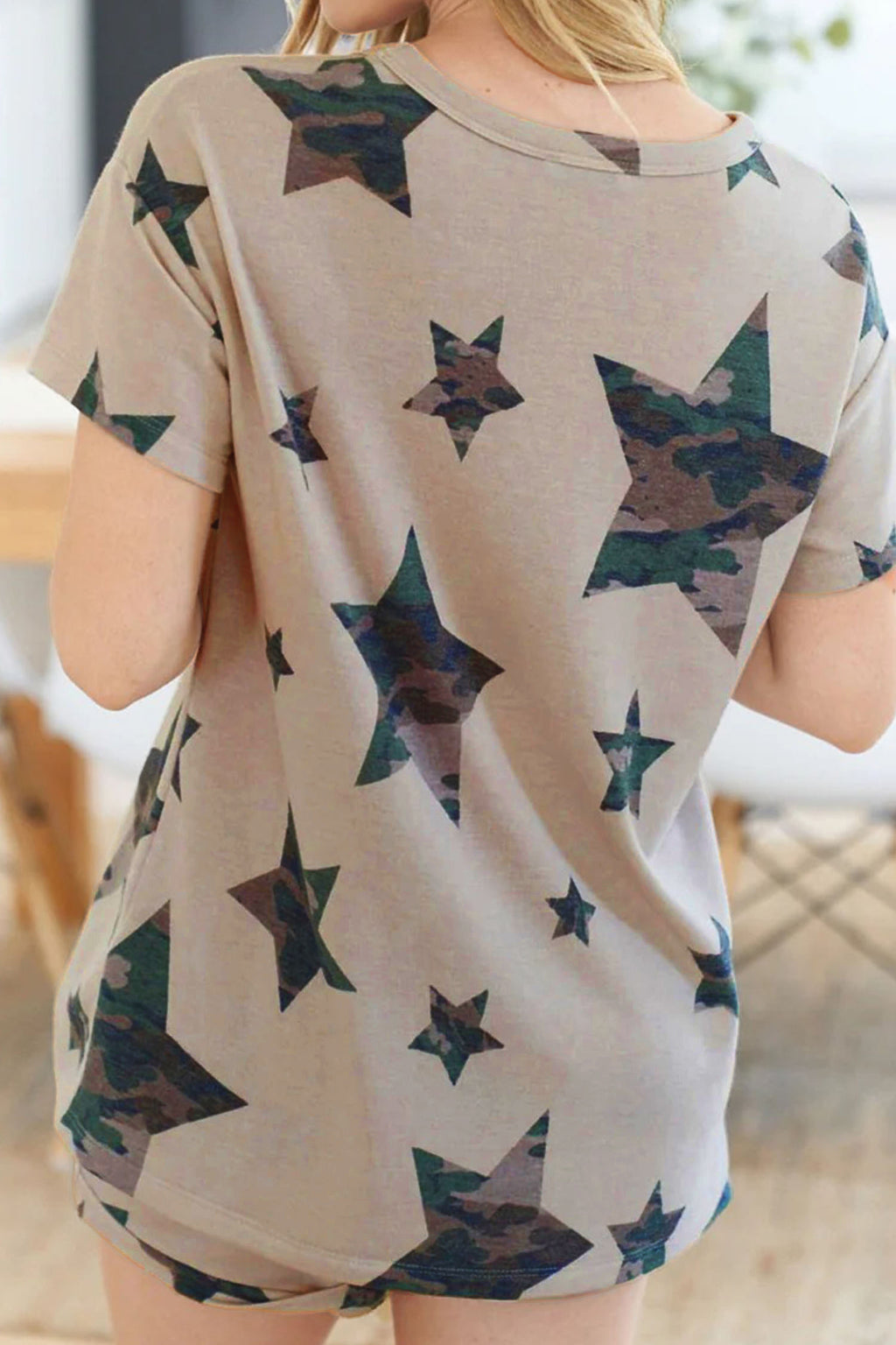 Women's Khaki Camo Star Print Short Sleeve Lounge Set S-XL