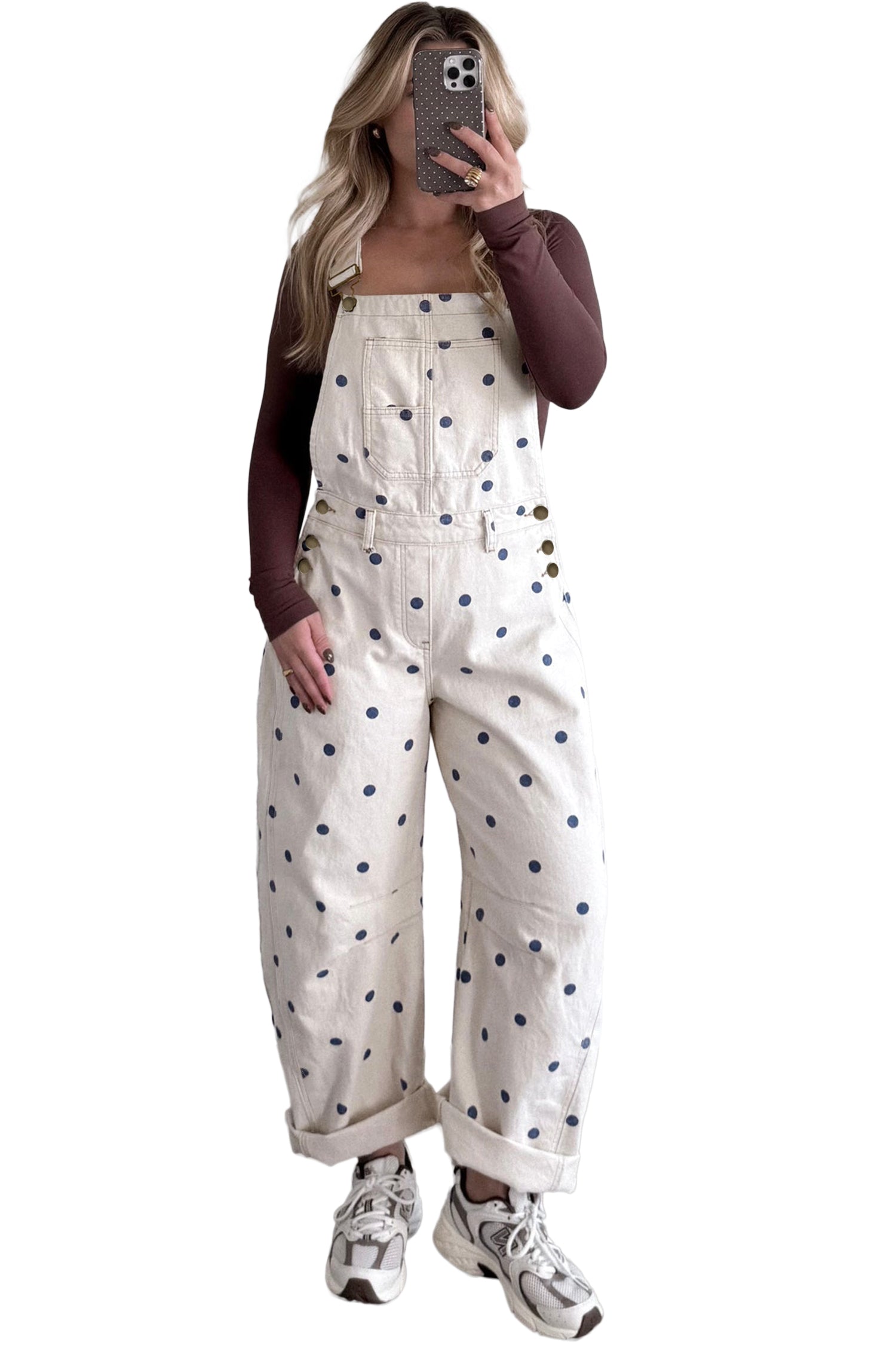 Polka Dot Denim Barrel Overalls Jumpsuit | Cream Beige Pink UK 8–22