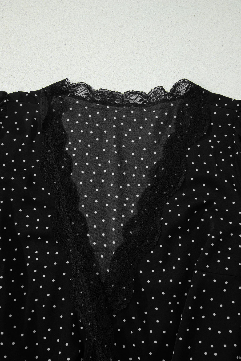 Shop Black Polka Dot Lace Trim Wrap Mini Dress | UK Sizes 8-20 at LivelyLooks