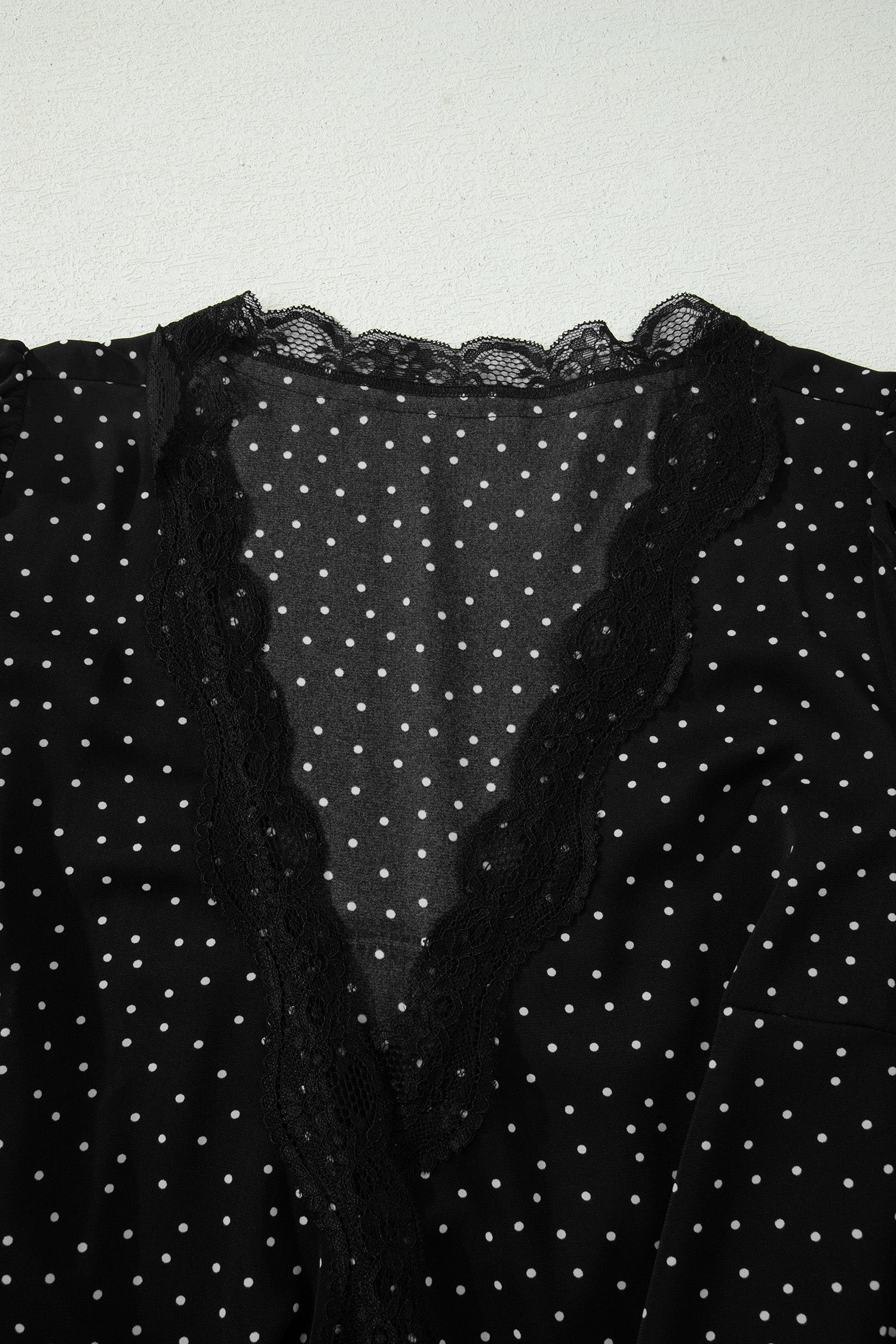 Shop Black Polka Dot Lace Trim Wrap Mini Dress | UK Sizes 8-20 at LivelyLooks