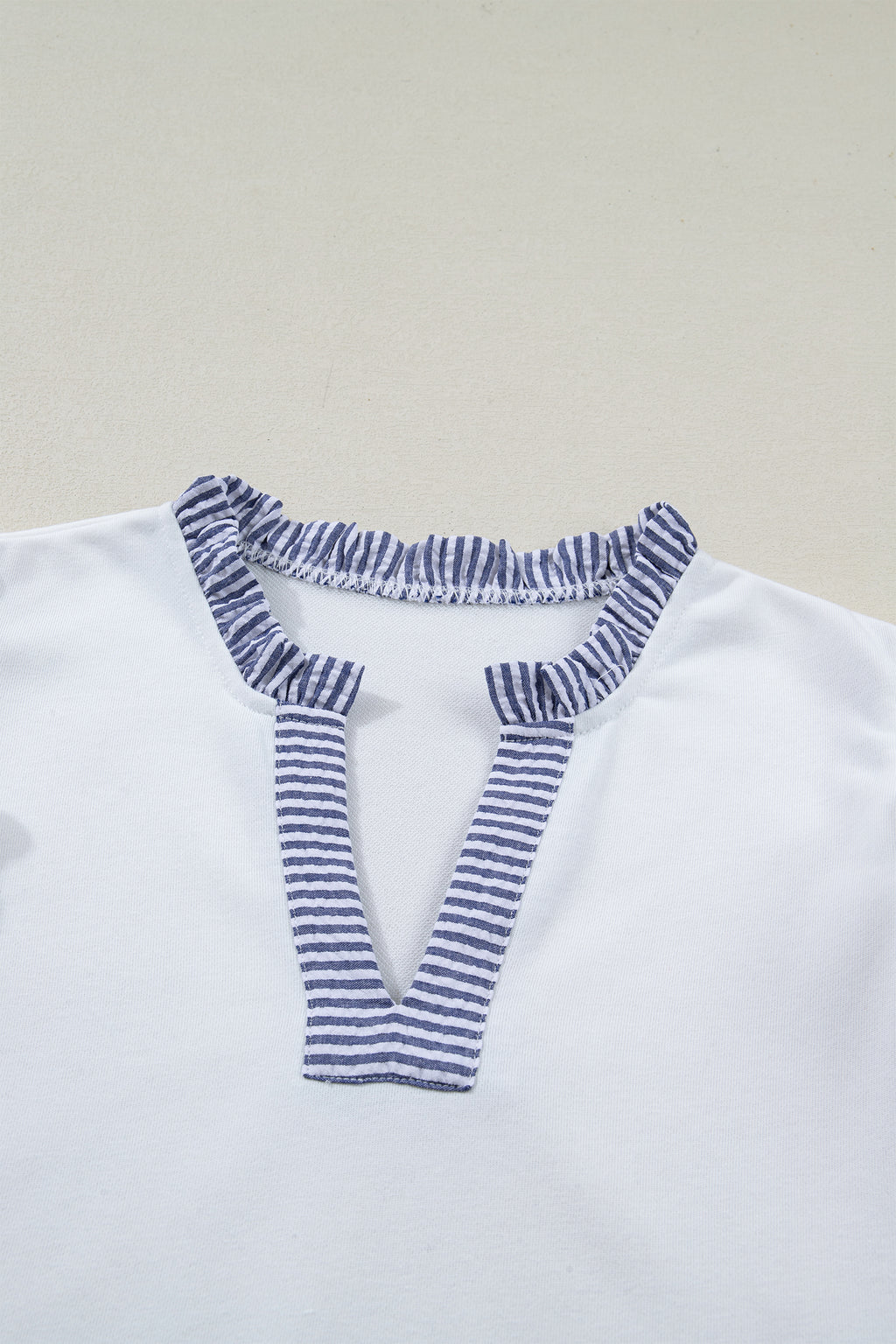 Shop White Stripe Patchwork Split Neck Ruffle Trim Sleeveless Mini Dress at LivelyLooks