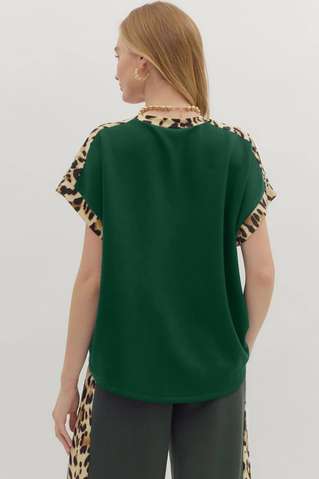 Leopard Trim Loose T-Shirt Green & Beige Relaxed Fit S-XL