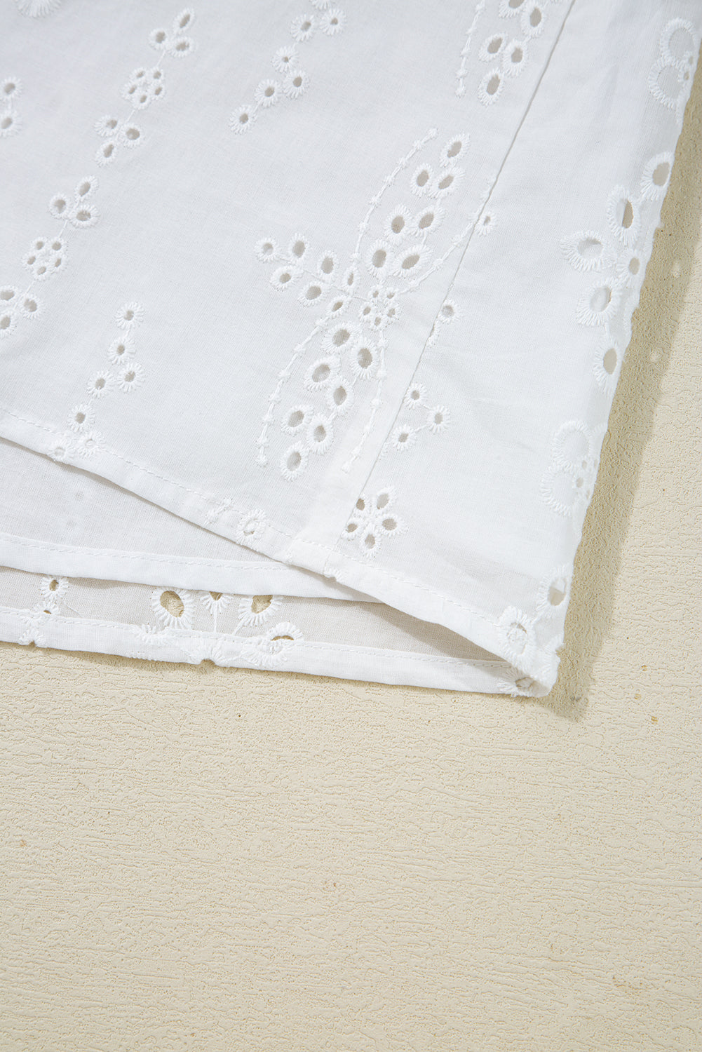 Shop White Eyelet Embroidered Smocked Cuff Sheer Blouse at LivelyLooks
