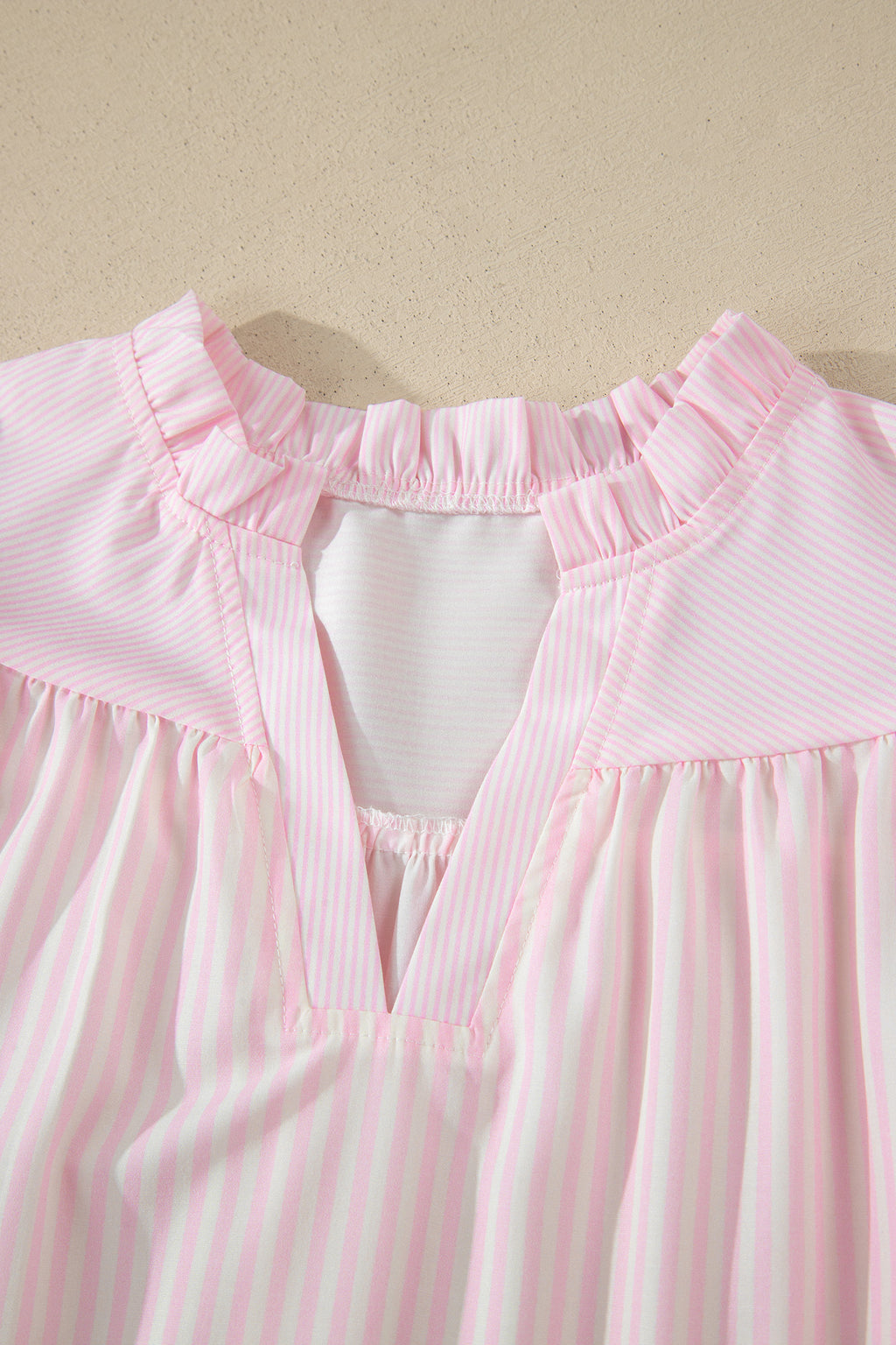 Women's Pink Stripe Contrast Trim V Neck Flutter Sleeve Blouse at LivelyLooks