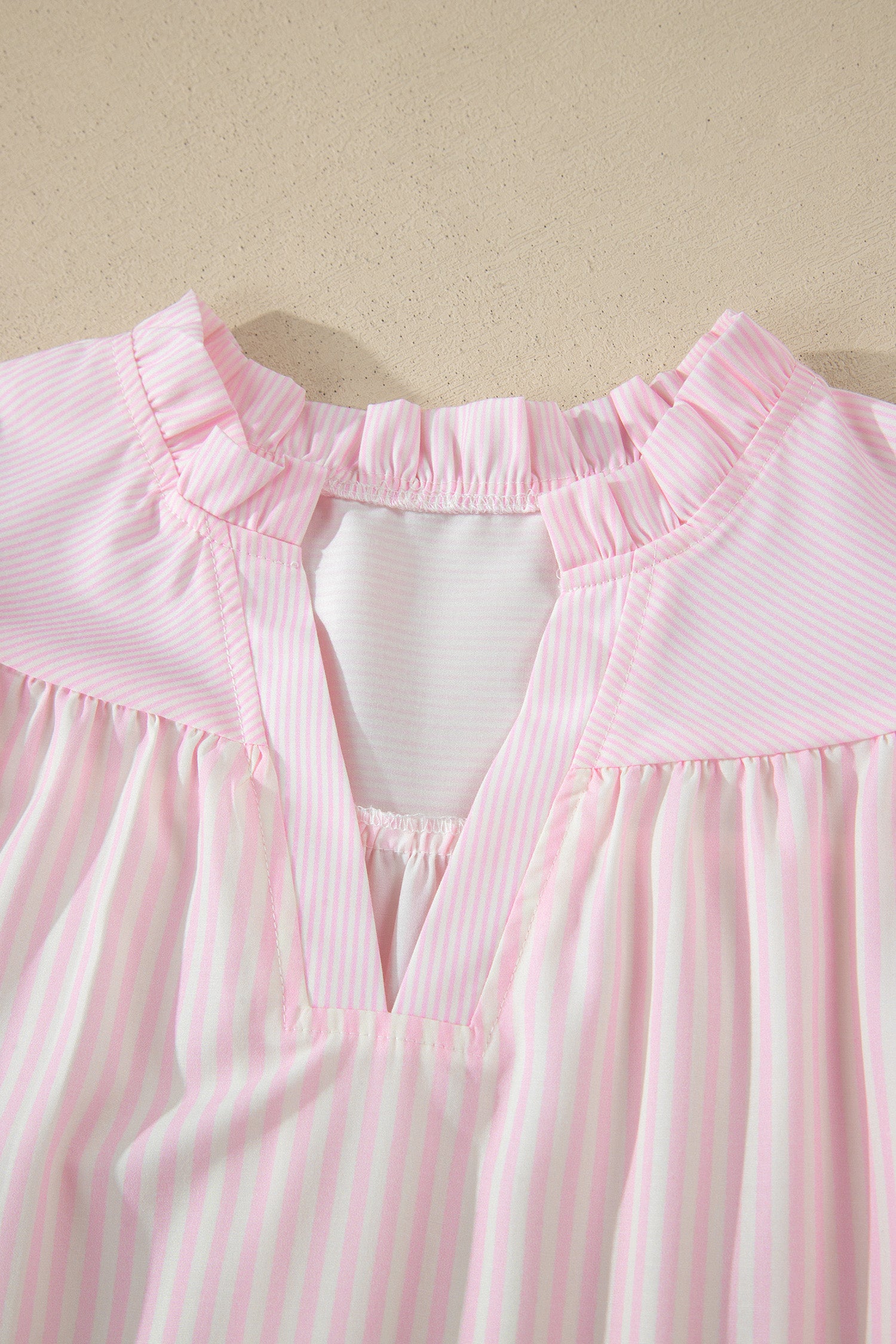 Women's Pink Stripe Contrast Trim V Neck Flutter Sleeve Blouse at LivelyLooks