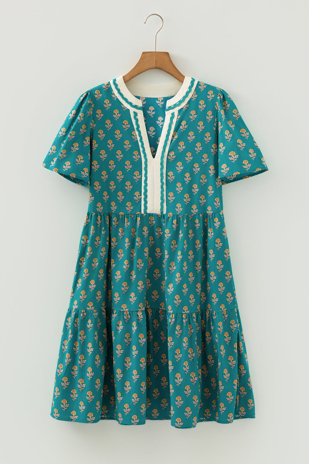 Green Floral Dress Contrast Trim V Neck Short Sleeve Women S-XL
