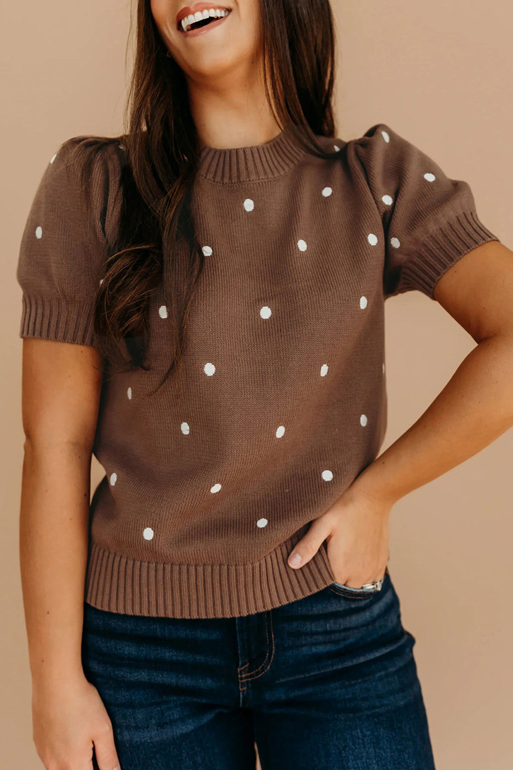 Women's Yellow Cream Elegant Polka Dot Bubble Short Sleeve Sweater at LivelyLooks