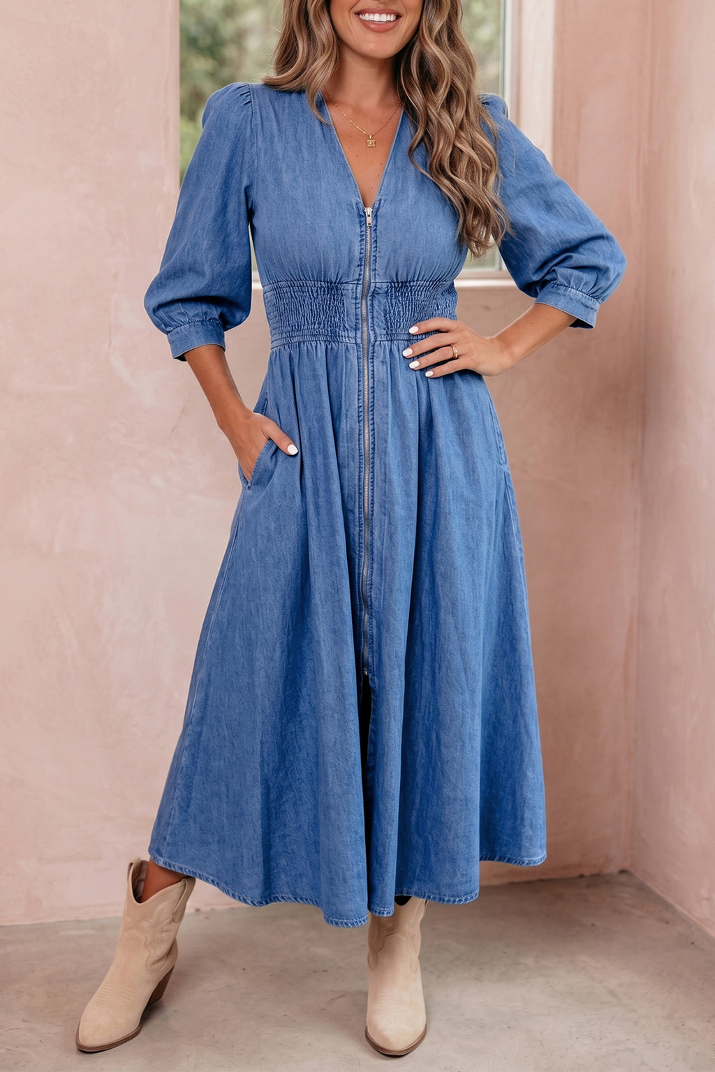 Blue V Neck Shirred Waist Metal Zipper Denim Midi Dress | UK 8–22