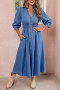 Blue V Neck Shirred Waist Metal Zipper Denim Midi Dress | UK 8–22