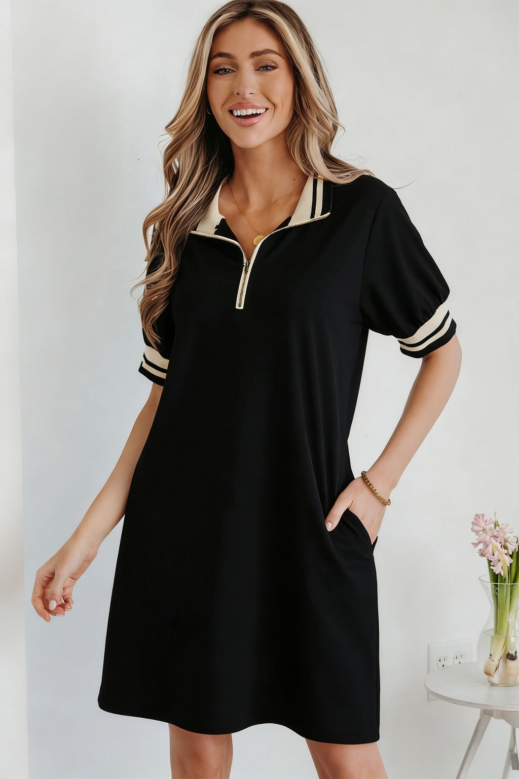 Black Striped Webbing Trim Polo Tee Dress Preppy Short Sleeve Women S-2XL