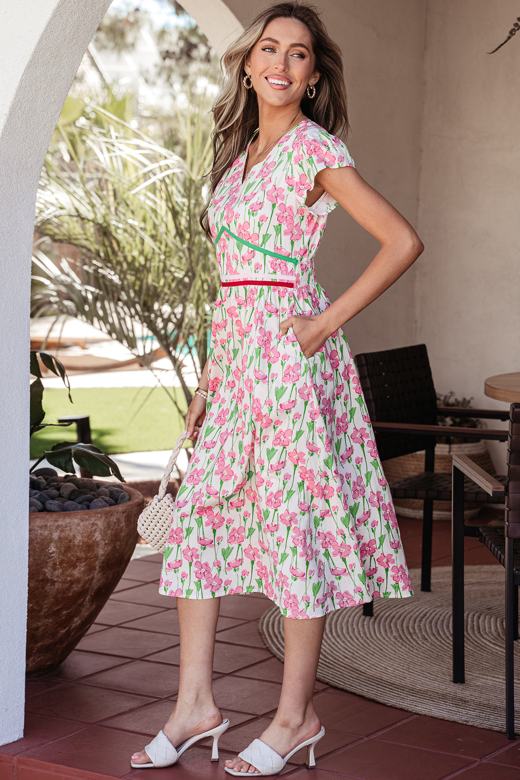 LivelyLooks Pink Floral Contrast Trim V-Neck Short Sleeve Elegant Midi Dress women's fashion