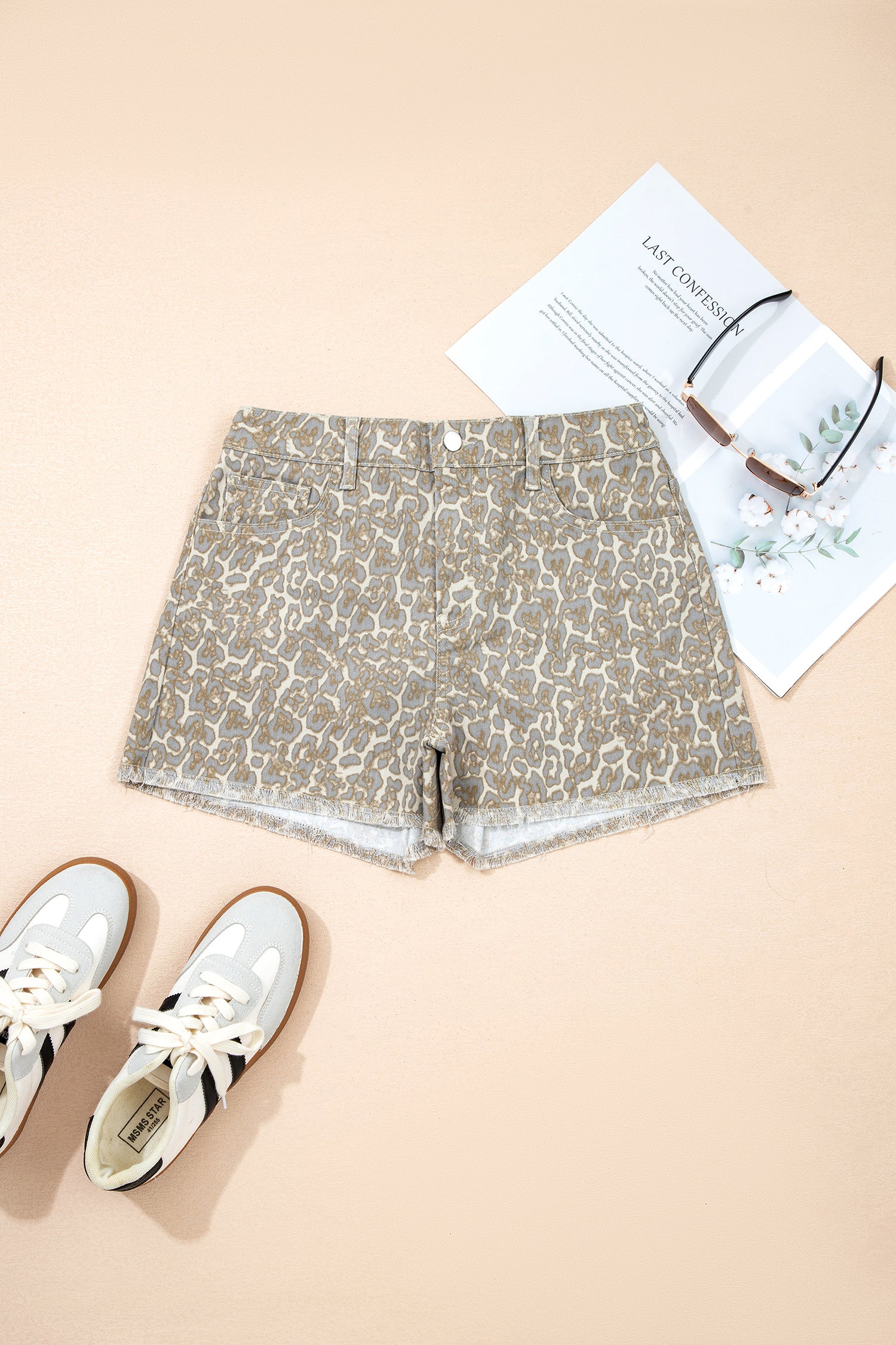 Khaki Raw Edge Leopard Print Denim Shorts | UK 8–20