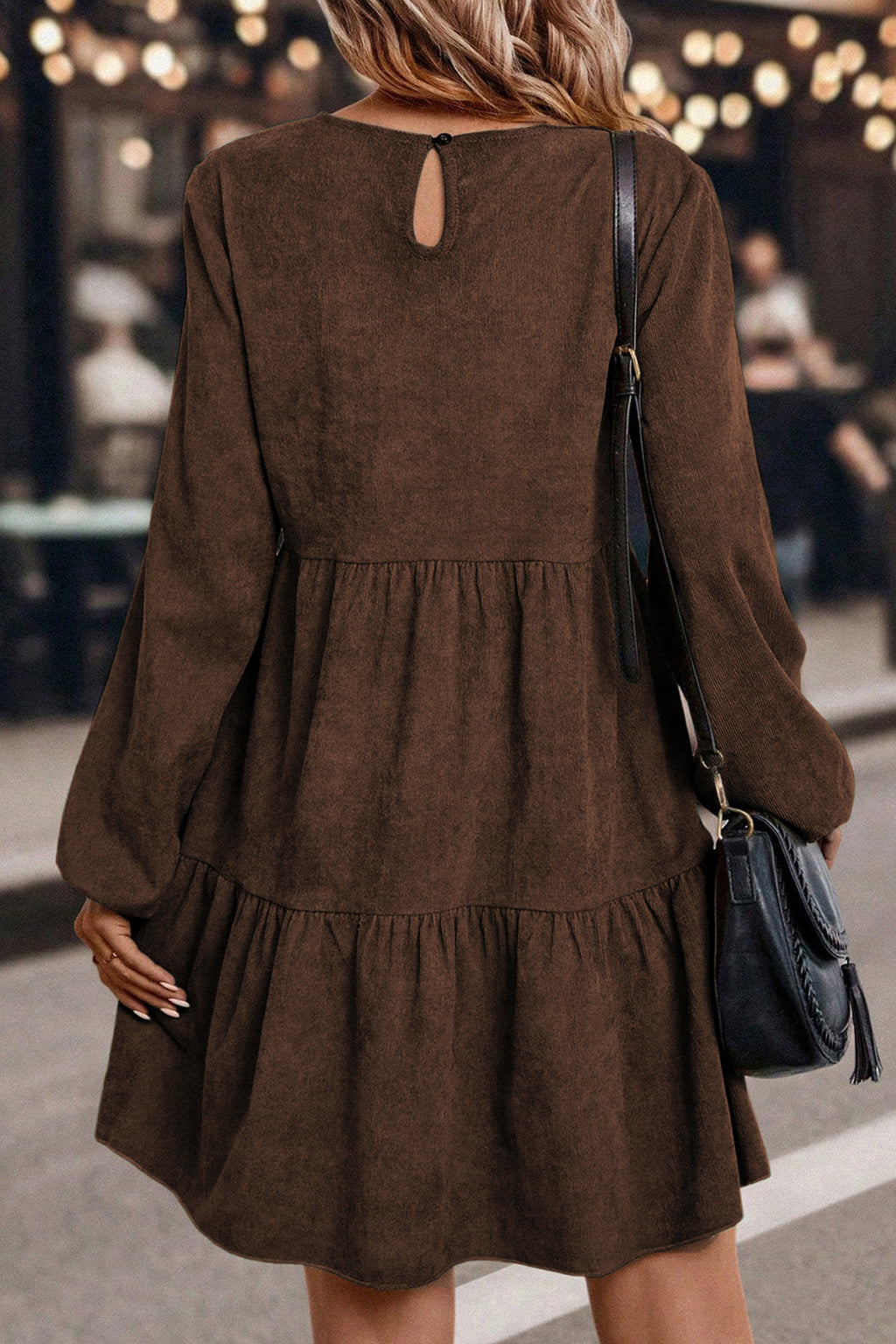 Lantern Sleeve Tiered Mini Dress | Black, Dark Brown & Mist Green | UK 8–22