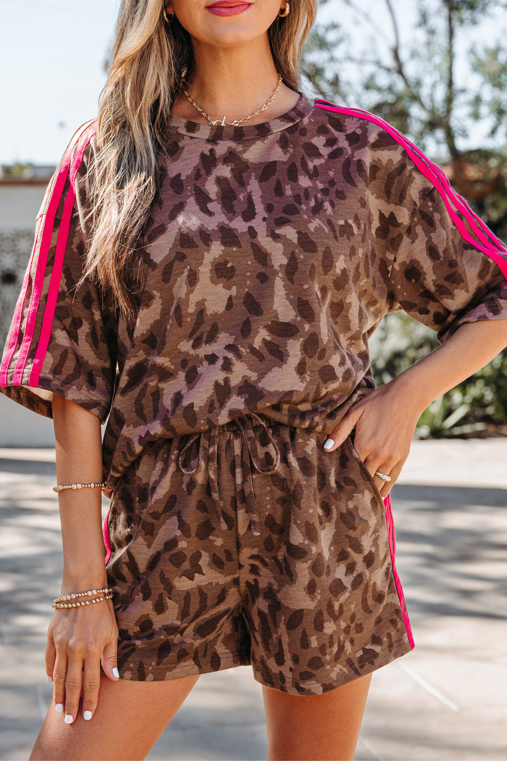 Brown Contrast Striped Accent Leopard Short Set | UK 8–22